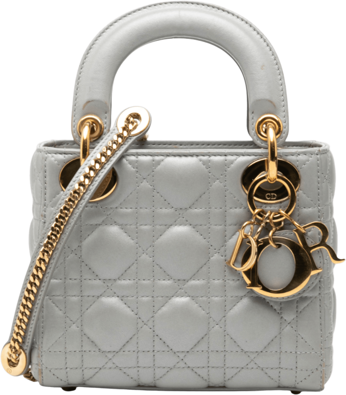 Dior Mini Metallic Lambskin Cannage Lady Dior, från Luxclusif, i färgen gray.