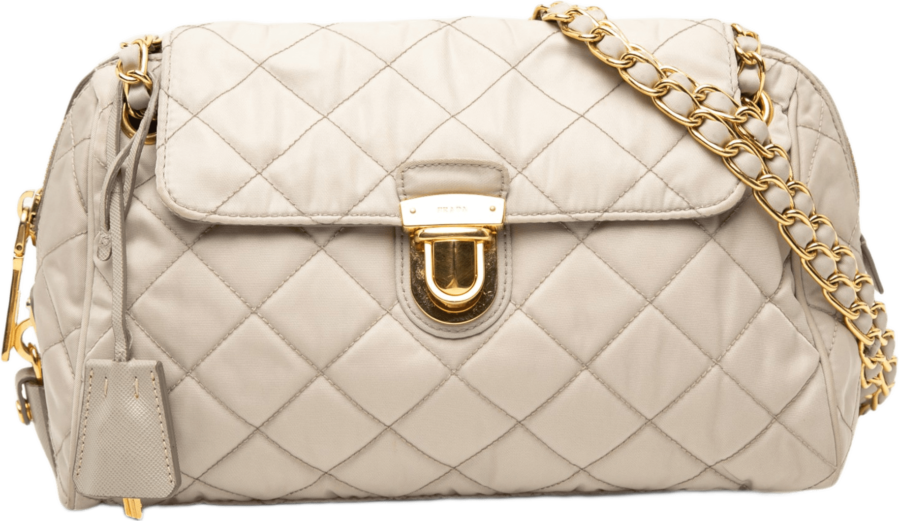 Prada Impuntu Tessuto Chain Flap Crossbody, från Luxclusif, i färgen beige.