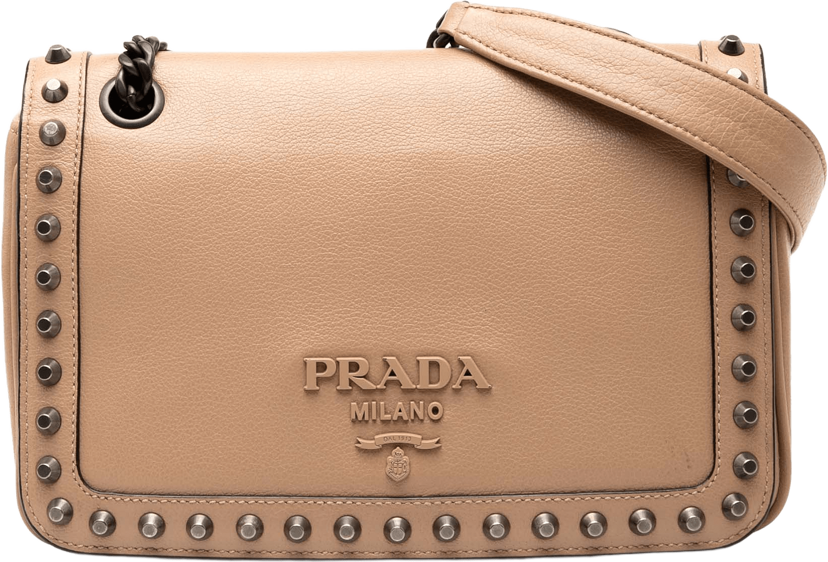 Prada Glace Calfskin Studded Crossbody, från Luxclusif, i färgen beige.