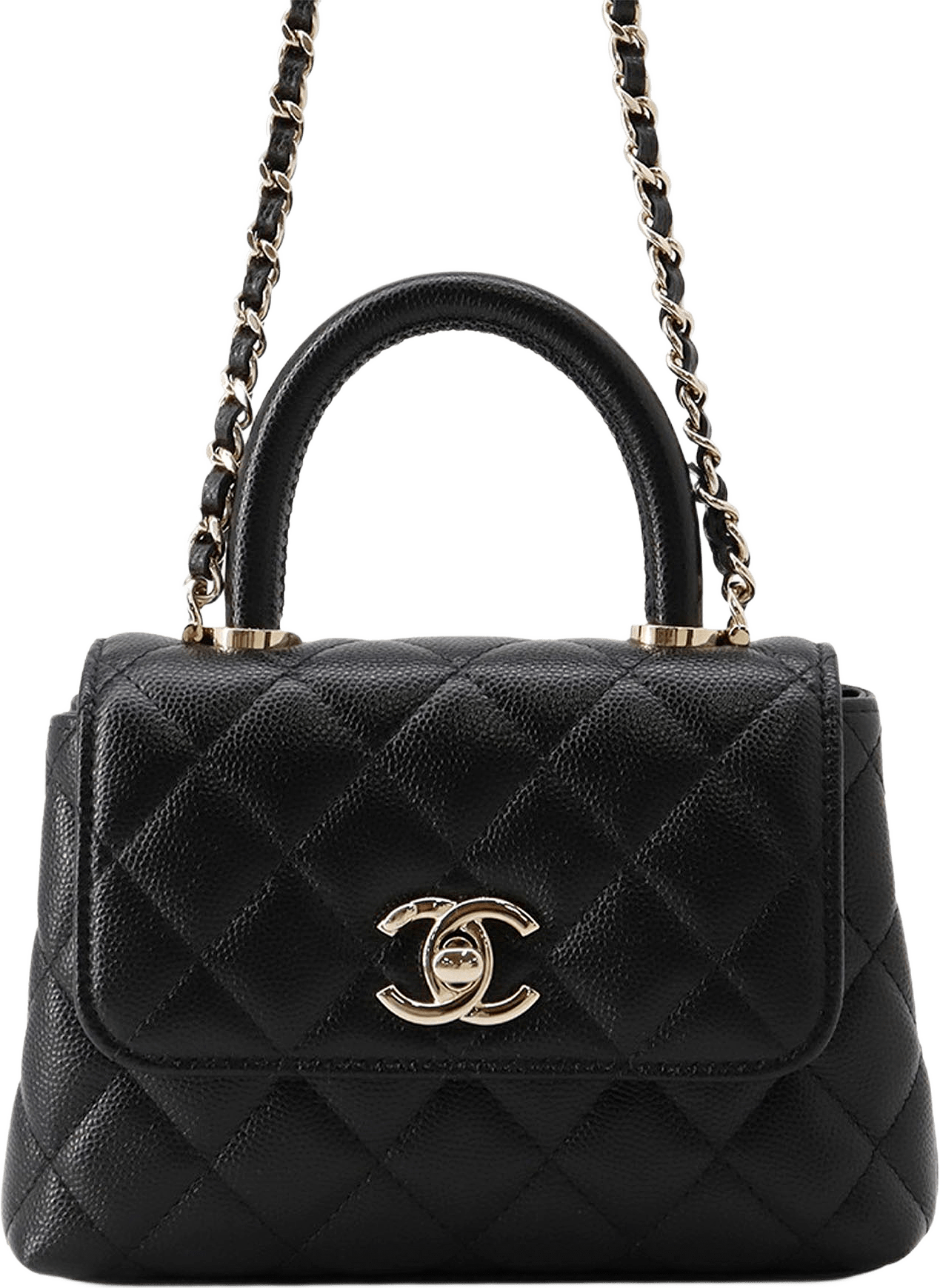 Chanel Extra Mini Quilted Caviar Coco Top Handle Bag, från Luxclusif, i färgen black.