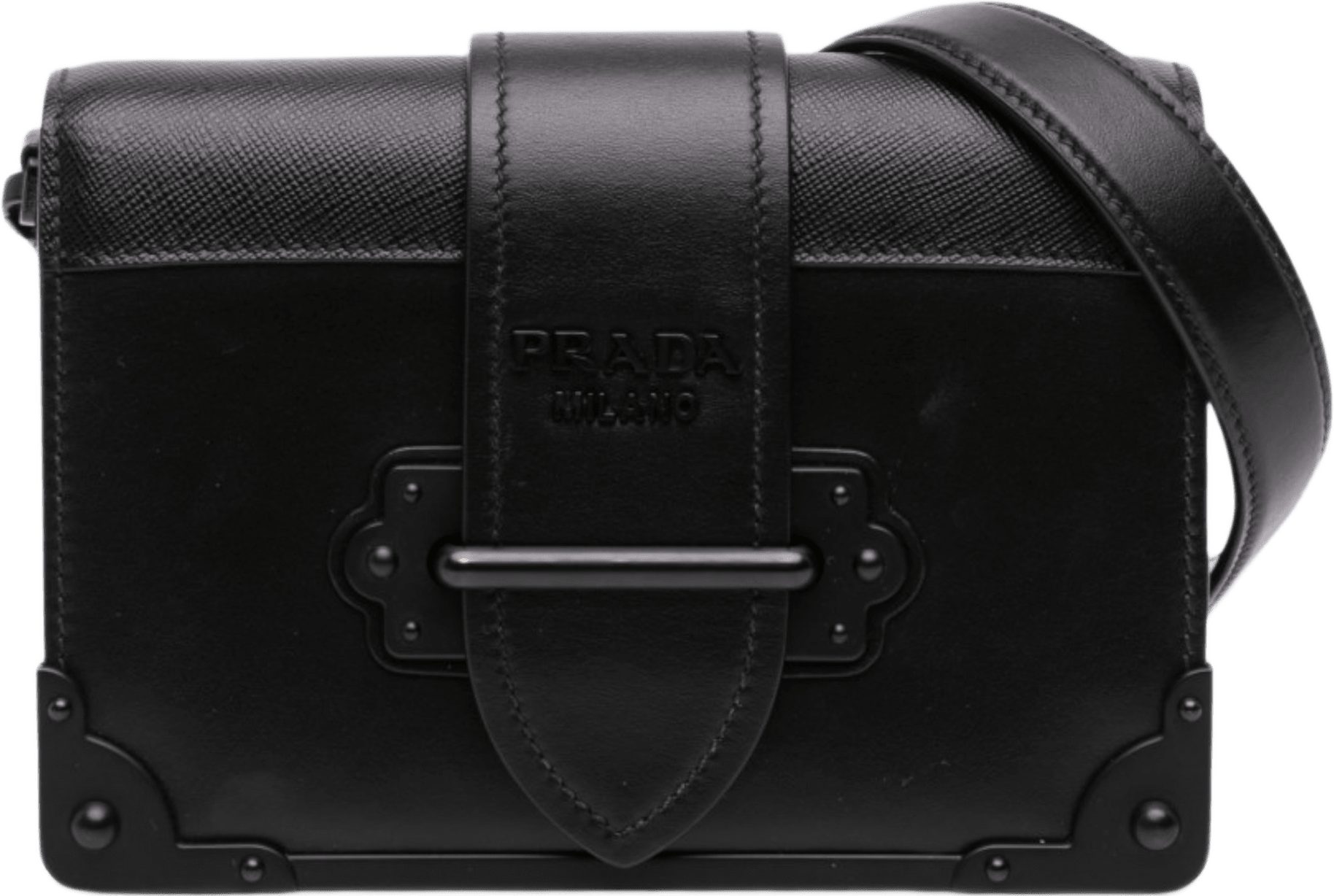 Prada Saffiano Trimmed City Calf Cahier Crossbody, från Luxclusif, i färgen svart.