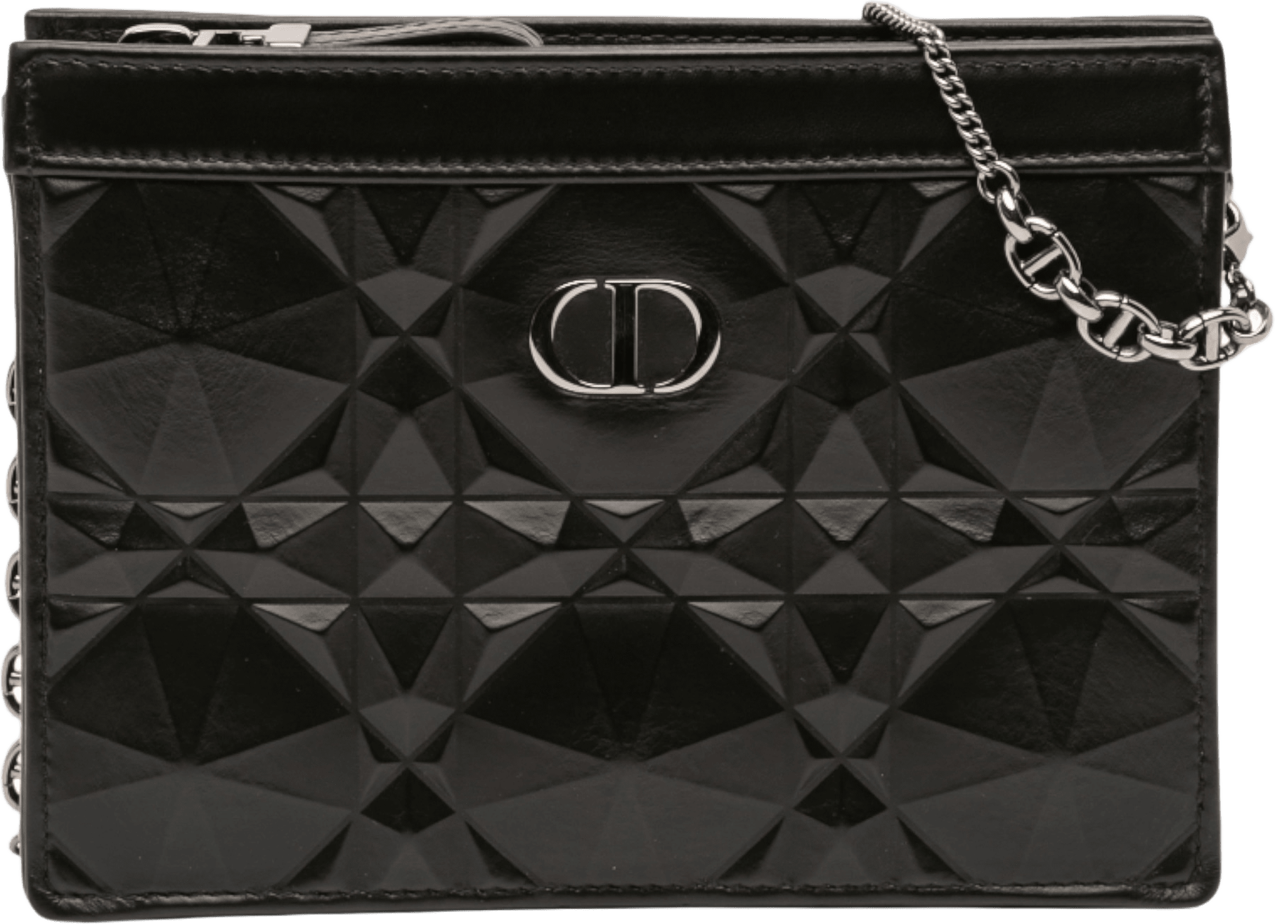 Dior Calfskin Macrocannage Diamond Caro Zipped Pouch With Chain, från Luxclusif, i färgen black.