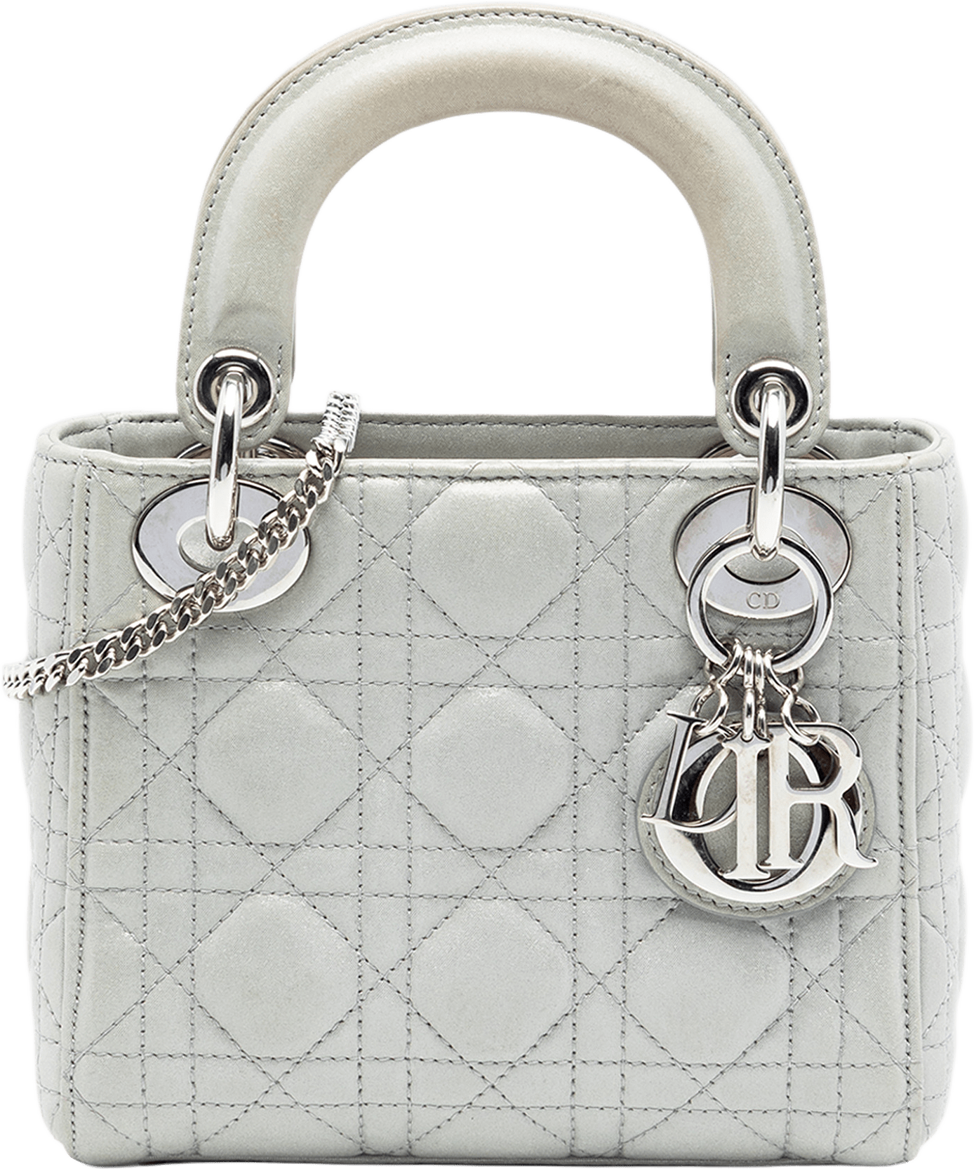 Dior Mini Iridescent Lambskin Cannage Lady Dior, från Luxclusif, i färgen silver.