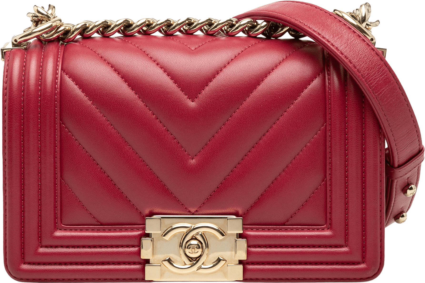 Chanel Small Chevron Calfskin Boy Flap, från Luxclusif, i färgen dark red.