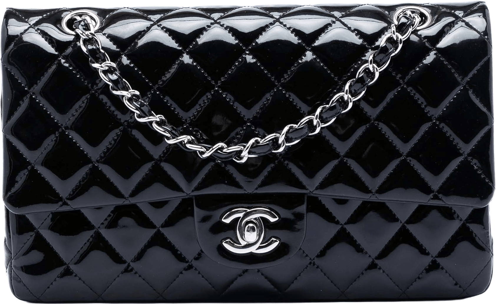 Chanel Medium Classic Patent Double Flap, från Luxclusif, i färgen black.