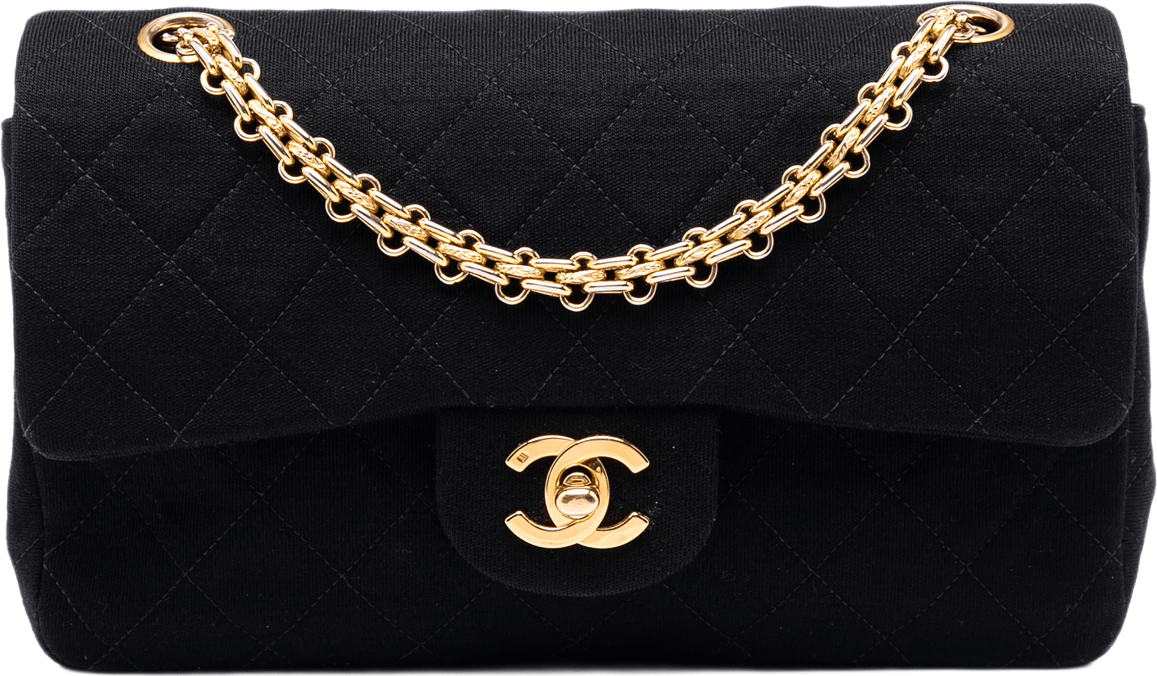 Chanel Small Classic Jersey Double Flap, från Luxclusif, i färgen svart.