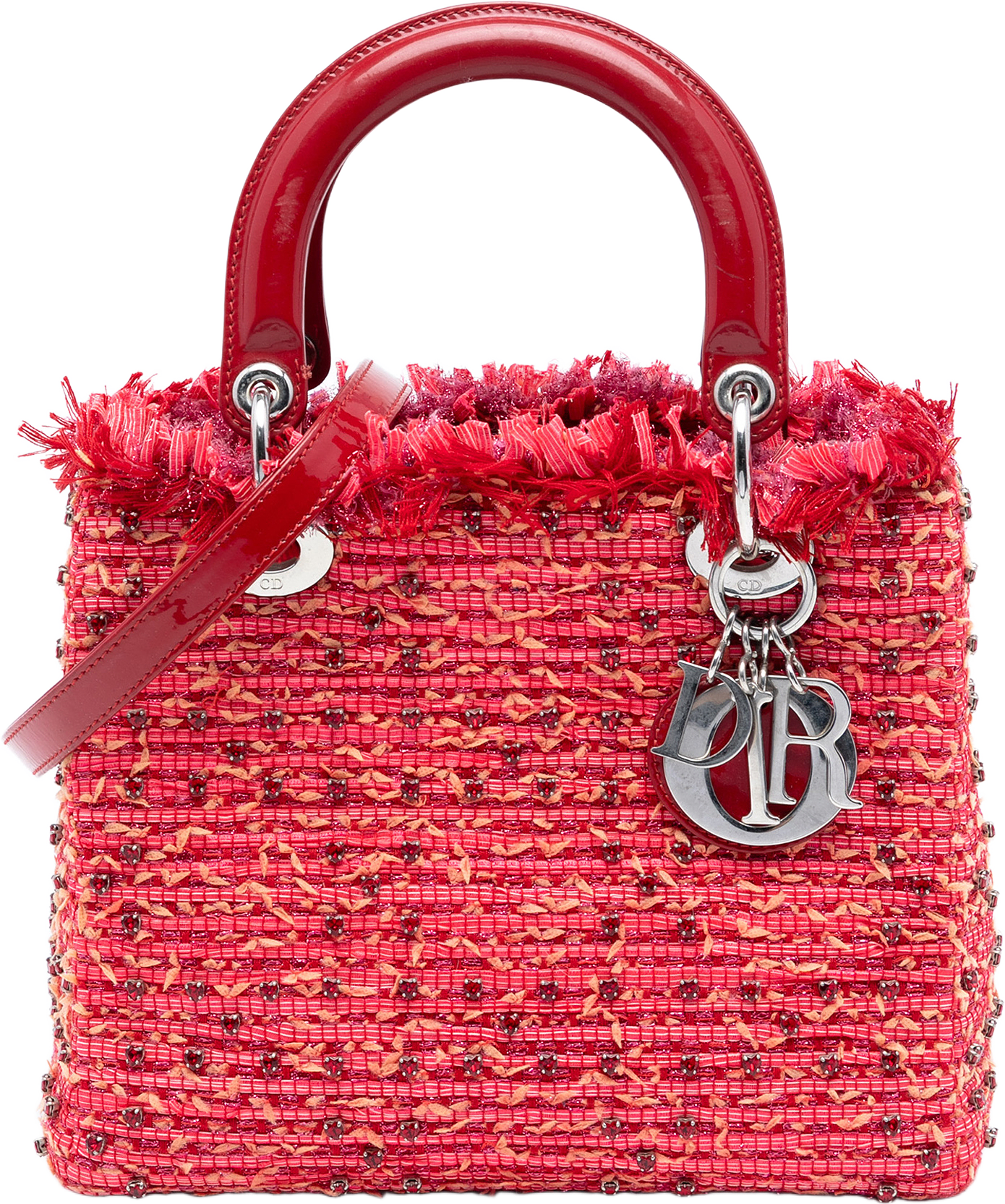 Dior Medium Tweed Fringe Rhinestone Lady Dior, från Luxclusif, i färgen red.