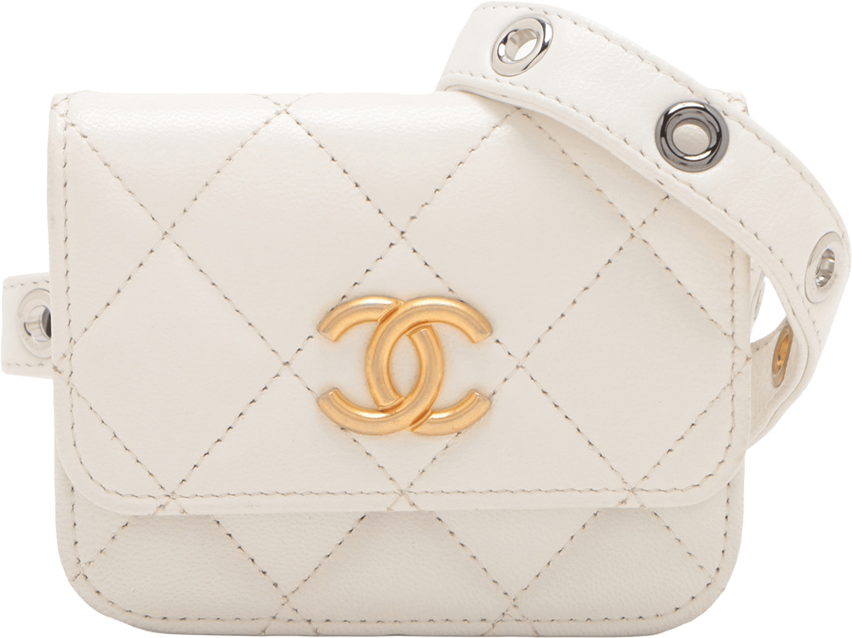 Chanel Quilted Lamsbskin Punk Essentials Chain Flap Belt Bag, från Luxclusif, i färgen ivory.