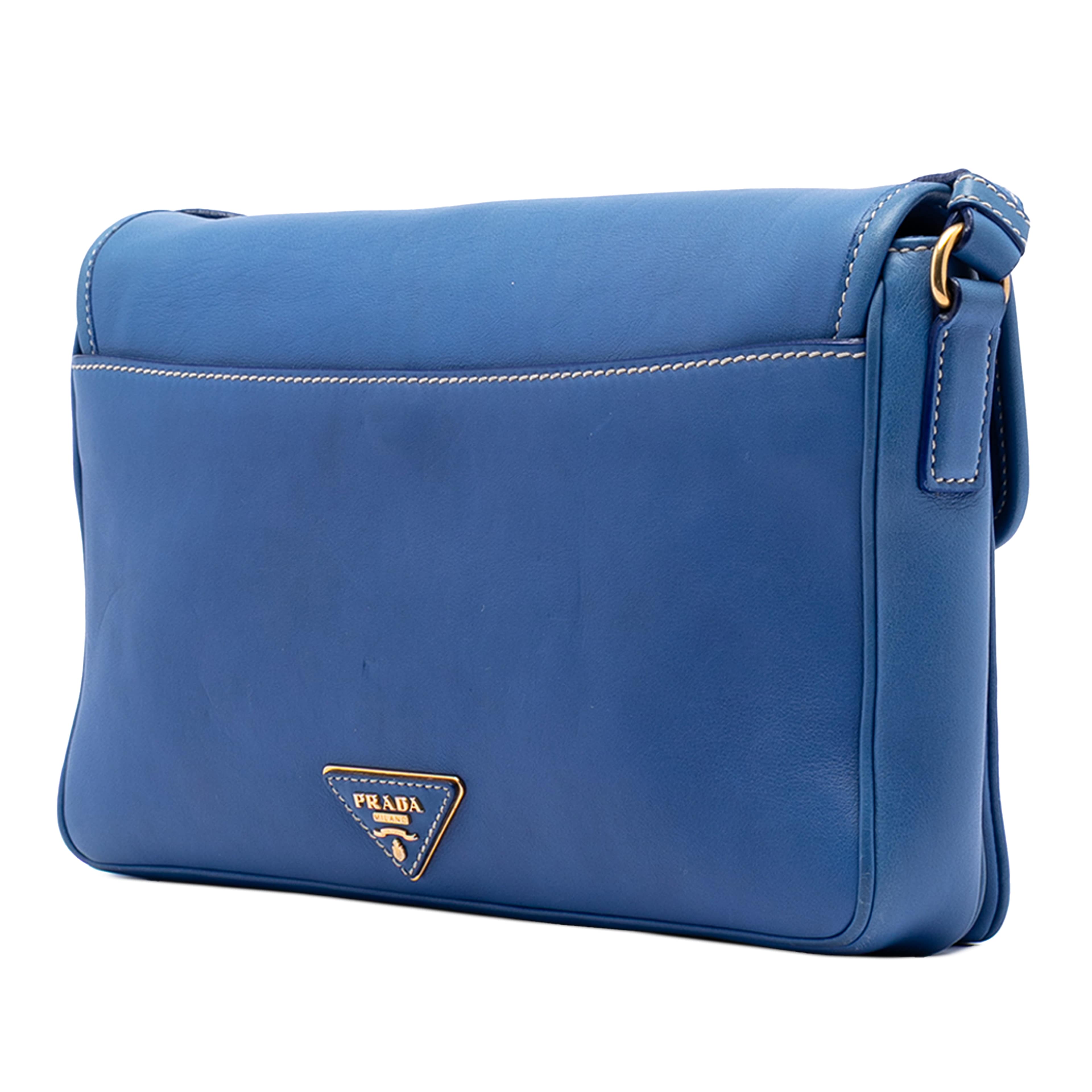 Prada City Calf Push Lock Flap Crossbody, från Luxclusif, i färgen blue. Klicka för att öppna bilden i stort format