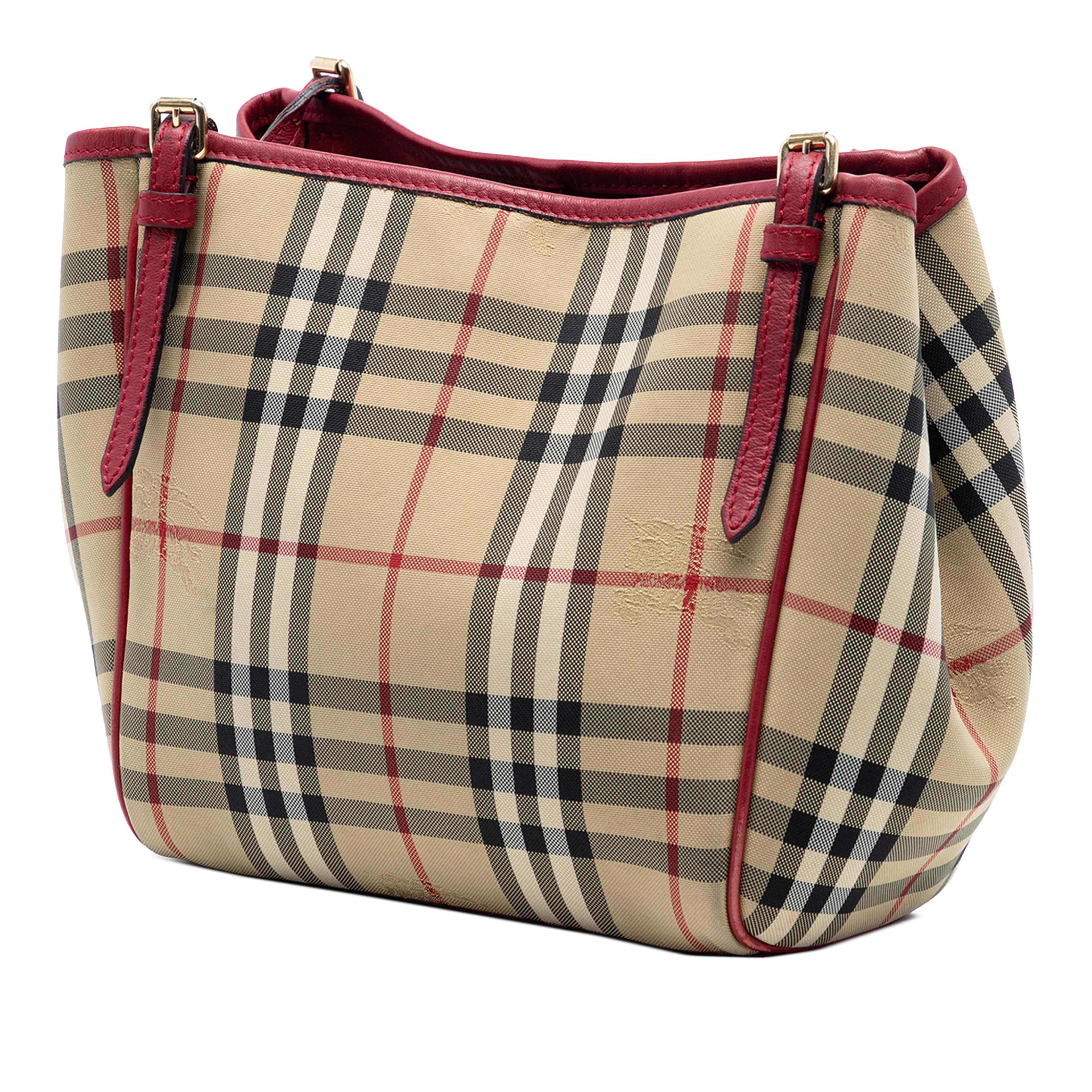 Burberry Small Haymarket Check Coated Canvas Canterbury Tote, från Luxclusif, i färgen röd. Klicka för att öppna bilden i stort format