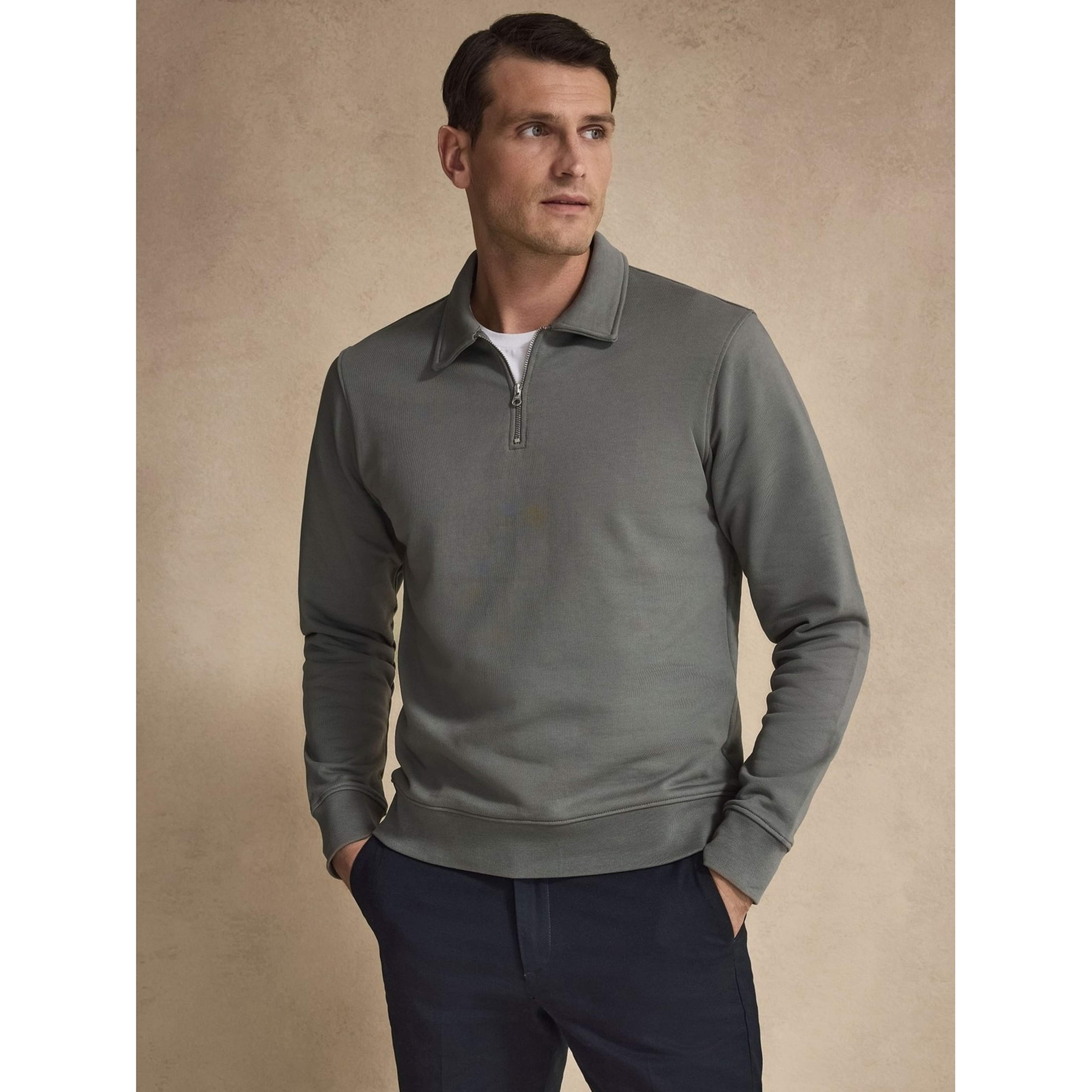 Cotton L/s Jersey Polo Collar Sweater W/ Zip