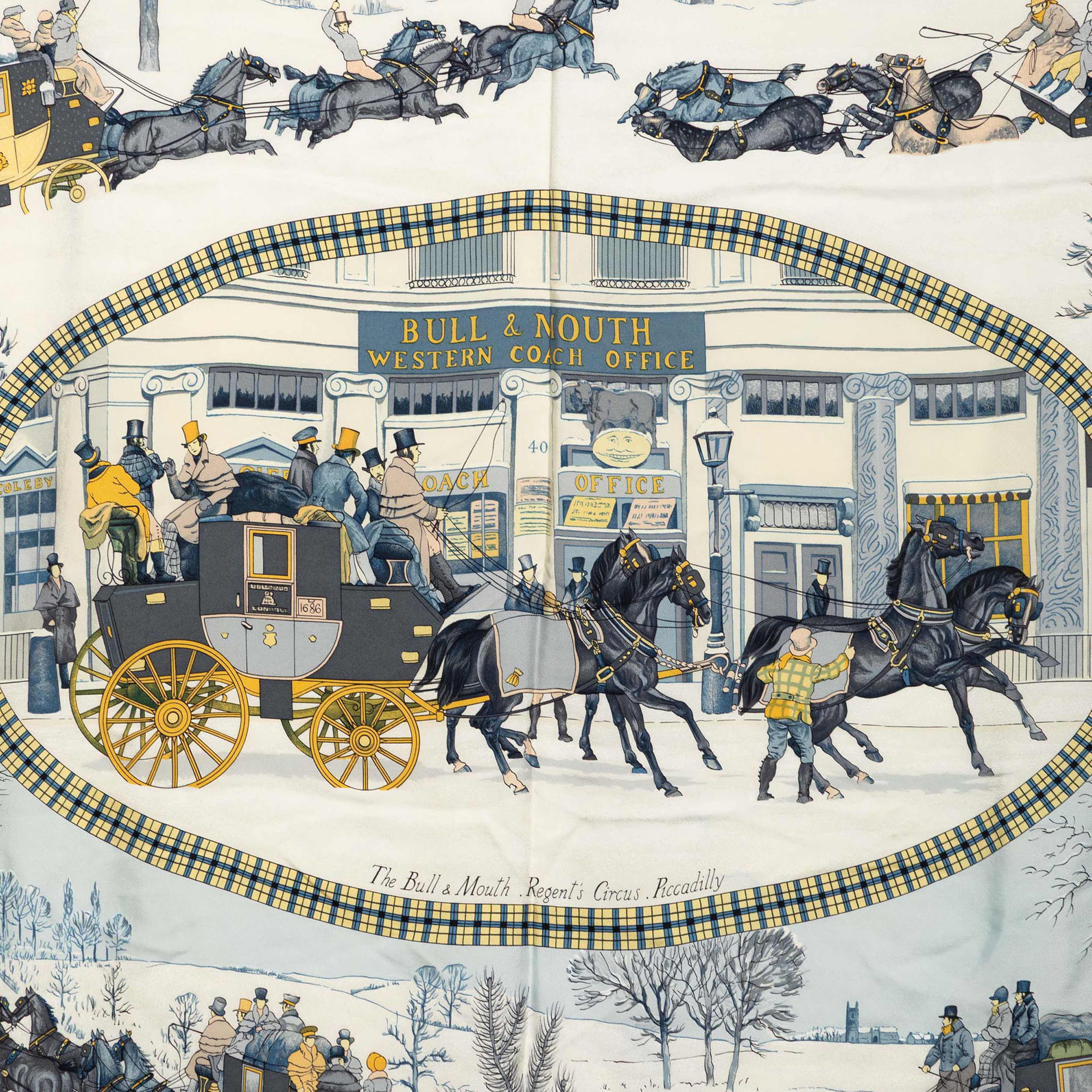 Hermès L Hiver En Poste Silk Scarf 90, från Luxclusif, i färgen dark blue. Klicka för att öppna bilden i stort format