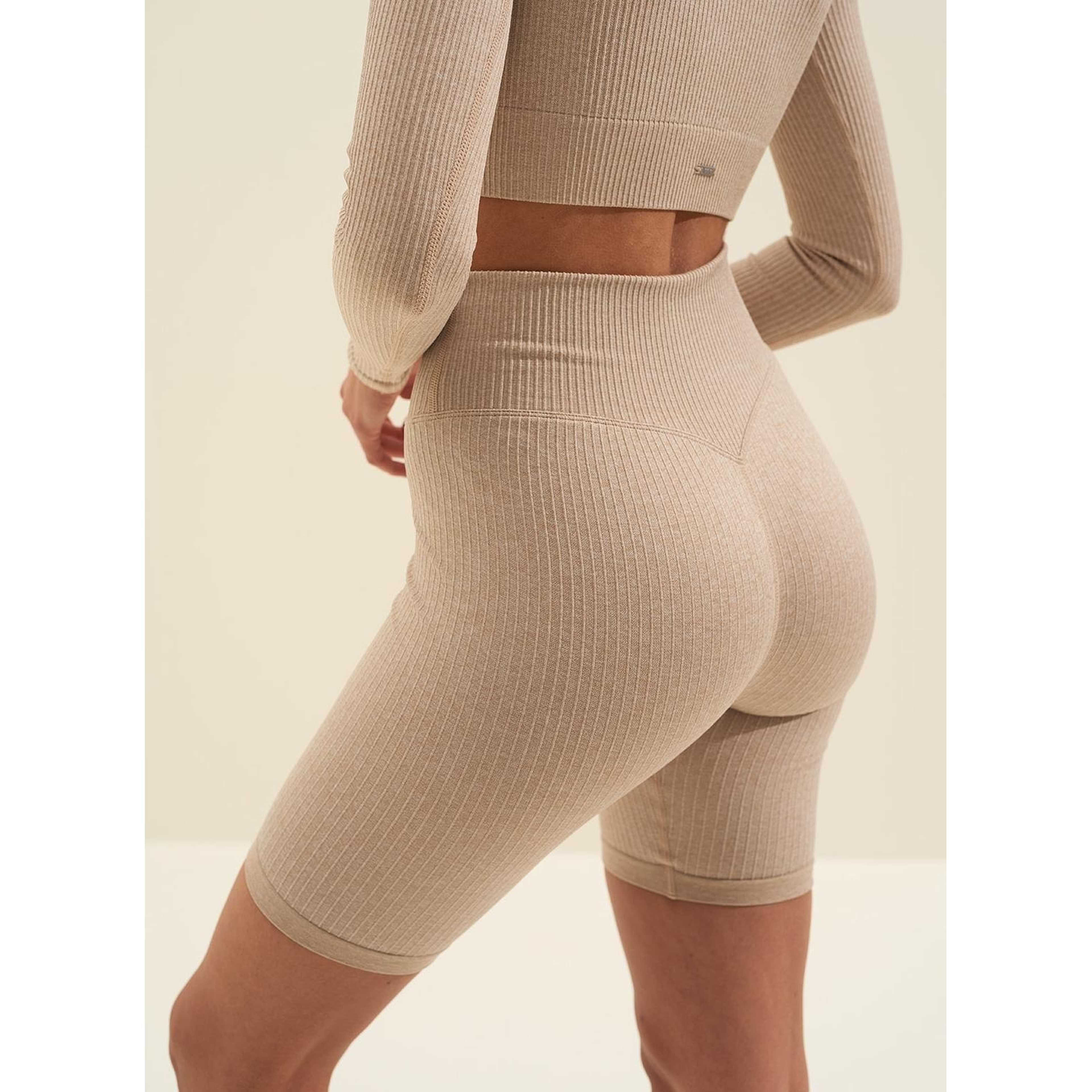 Beige Melange Ribbed Seamless Biker Shorts