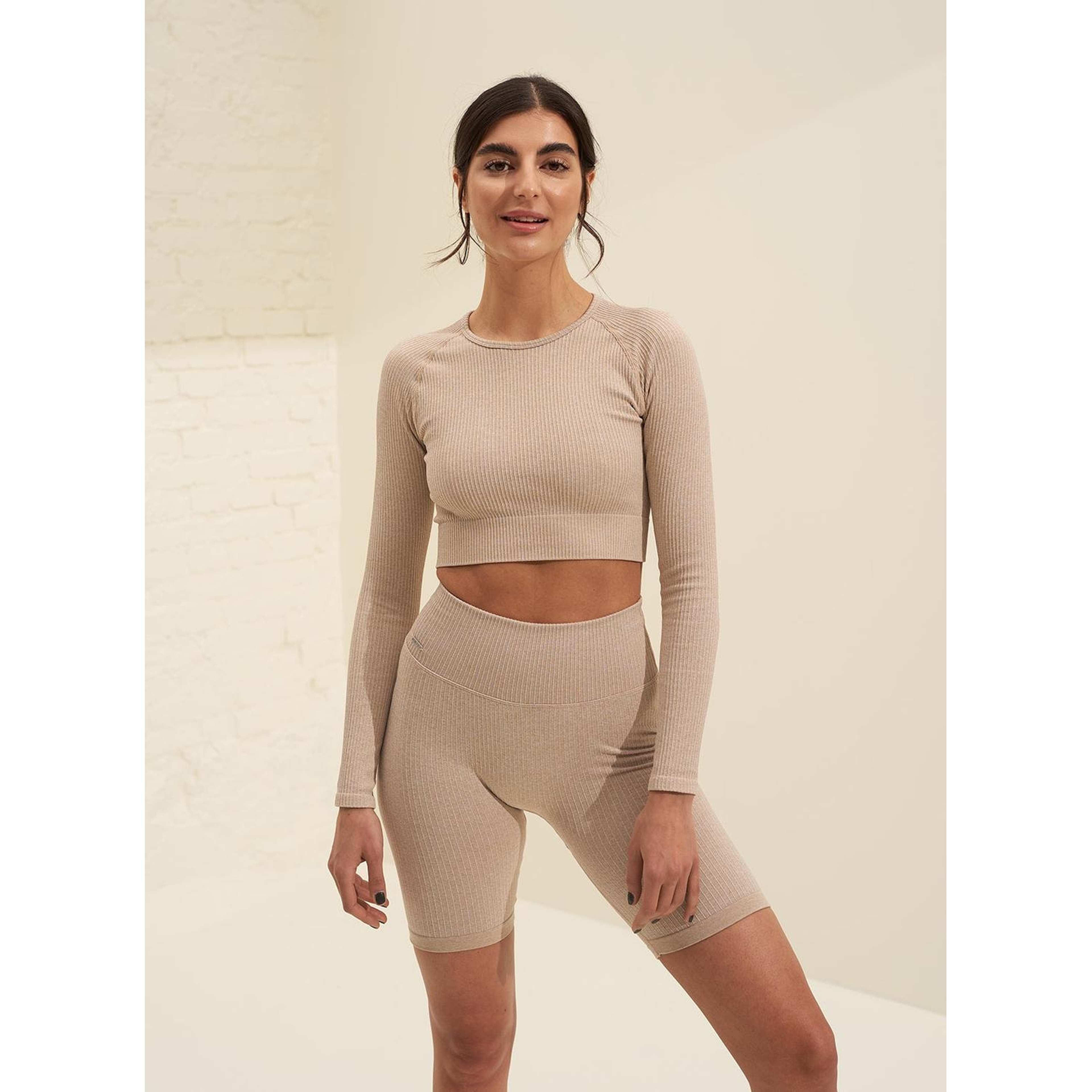 Beige Melange Ribbed Seamless Biker Shorts