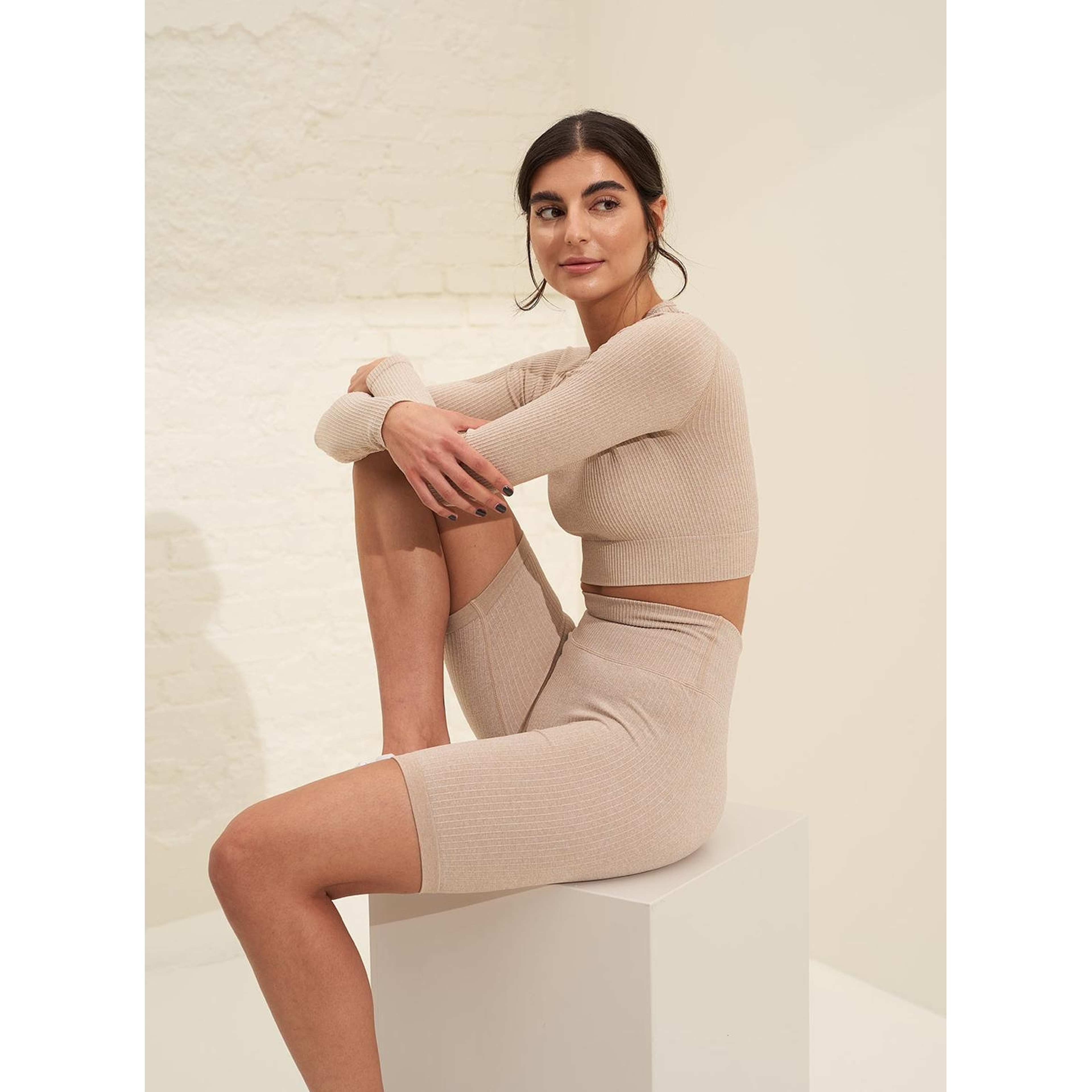 Beige Melange Ribbed Seamless Biker Shorts