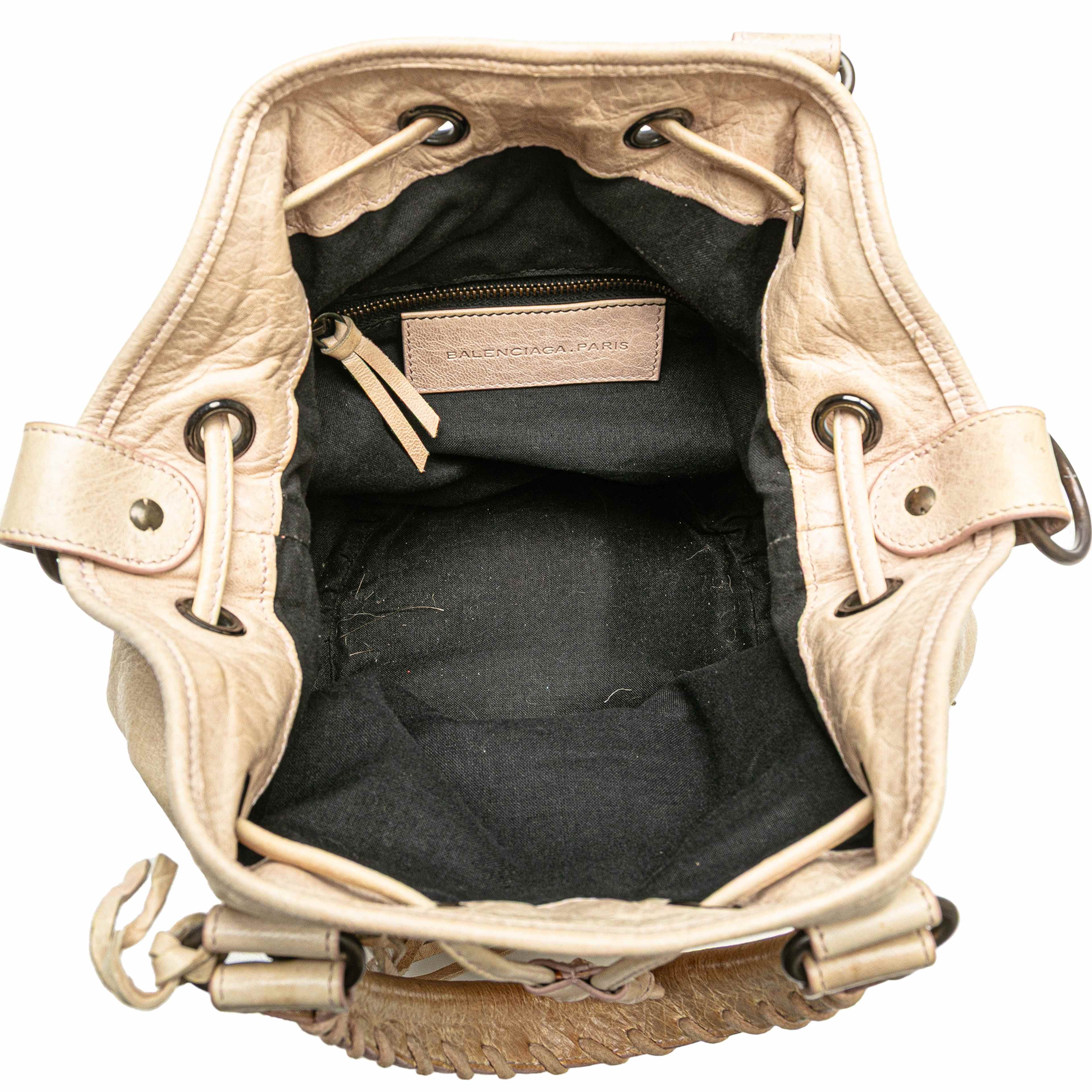 Balenciaga Mini Lambskin Motocross Pompon Bag, från Luxclusif, i färgen light beige. Klicka för att öppna bilden i stort format