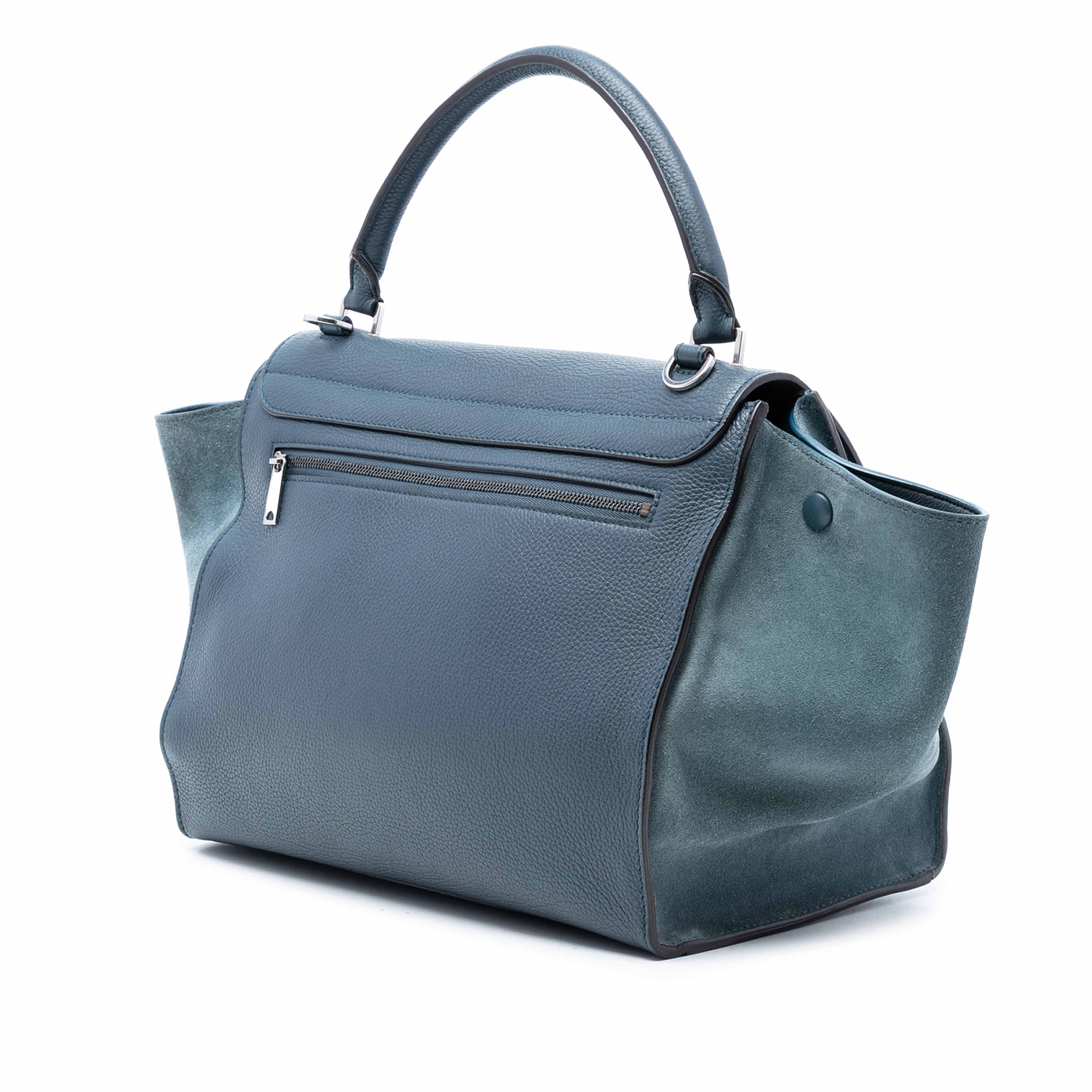 Celine Medium Calfskin And Suede Trapeze Satchel, från Luxclusif, i färgen navy. Klicka för att öppna bilden i stort format