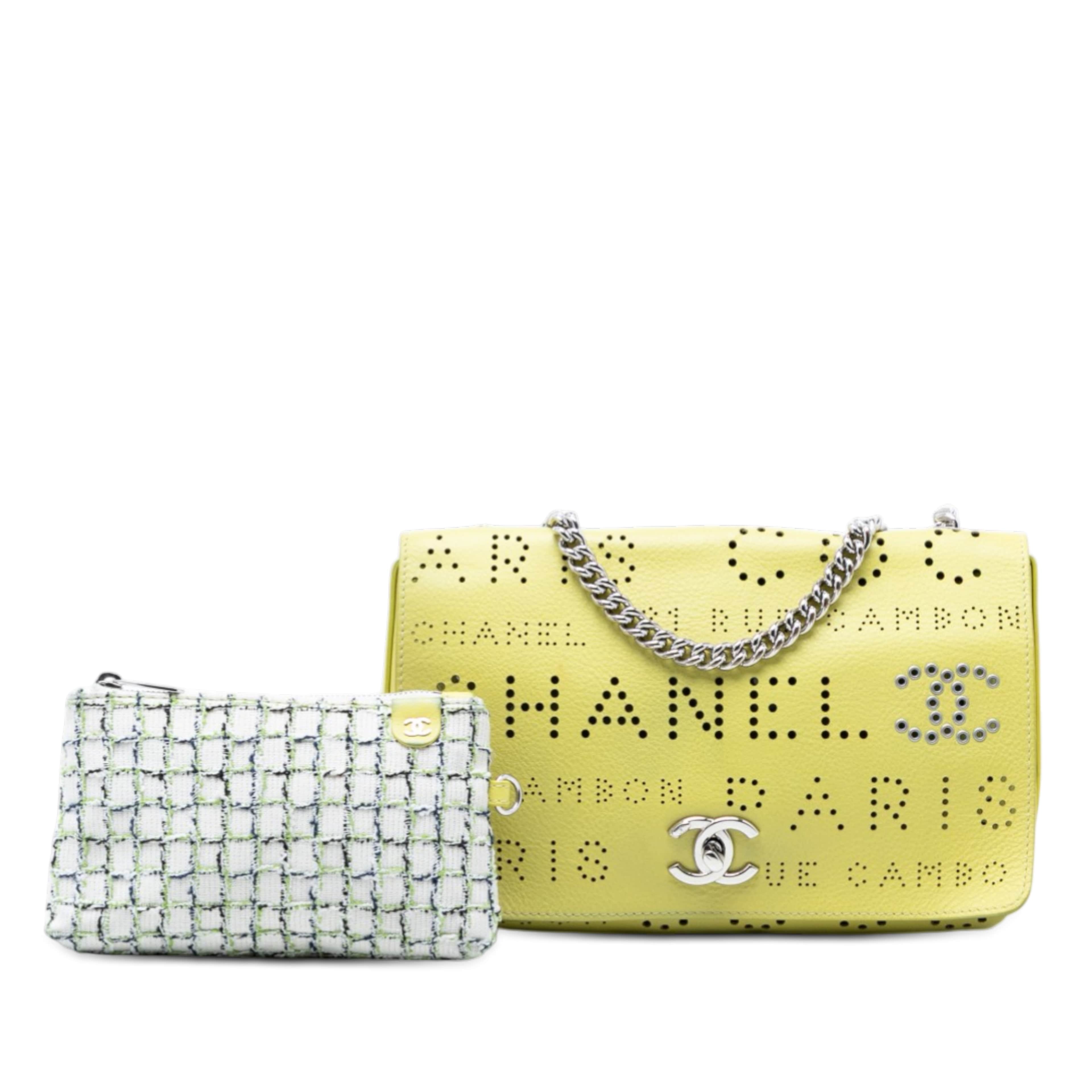 Chanel Perforated Calfskin Logo Eyelet Flap, från Luxclusif, i färgen gul. Klicka för att öppna bilden i stort format