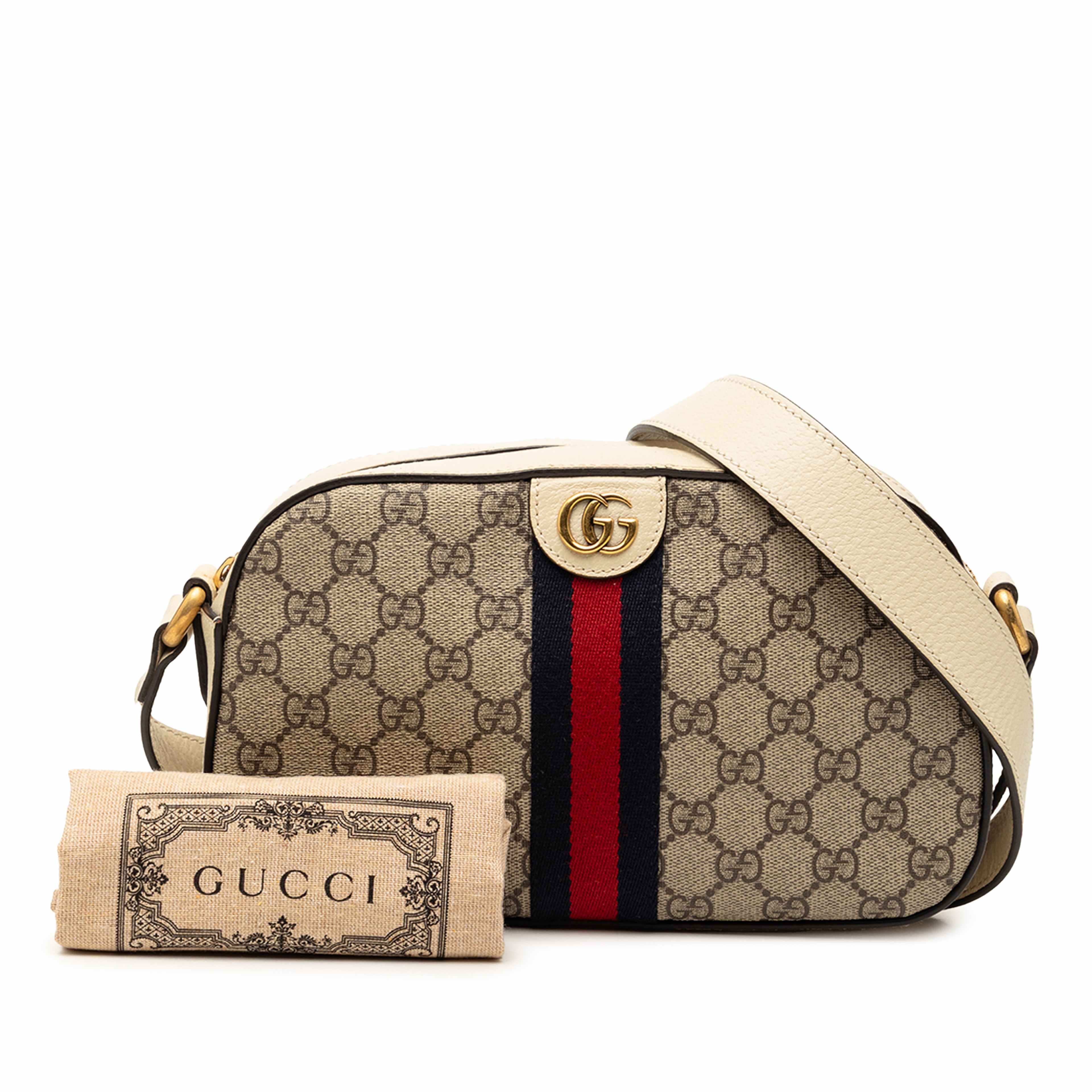 Gucci Small Gg Supreme Textured Calfskin Web Ophidia Camera Bag, från Luxclusif, i färgen vit. Klicka för att öppna bilden i stort format