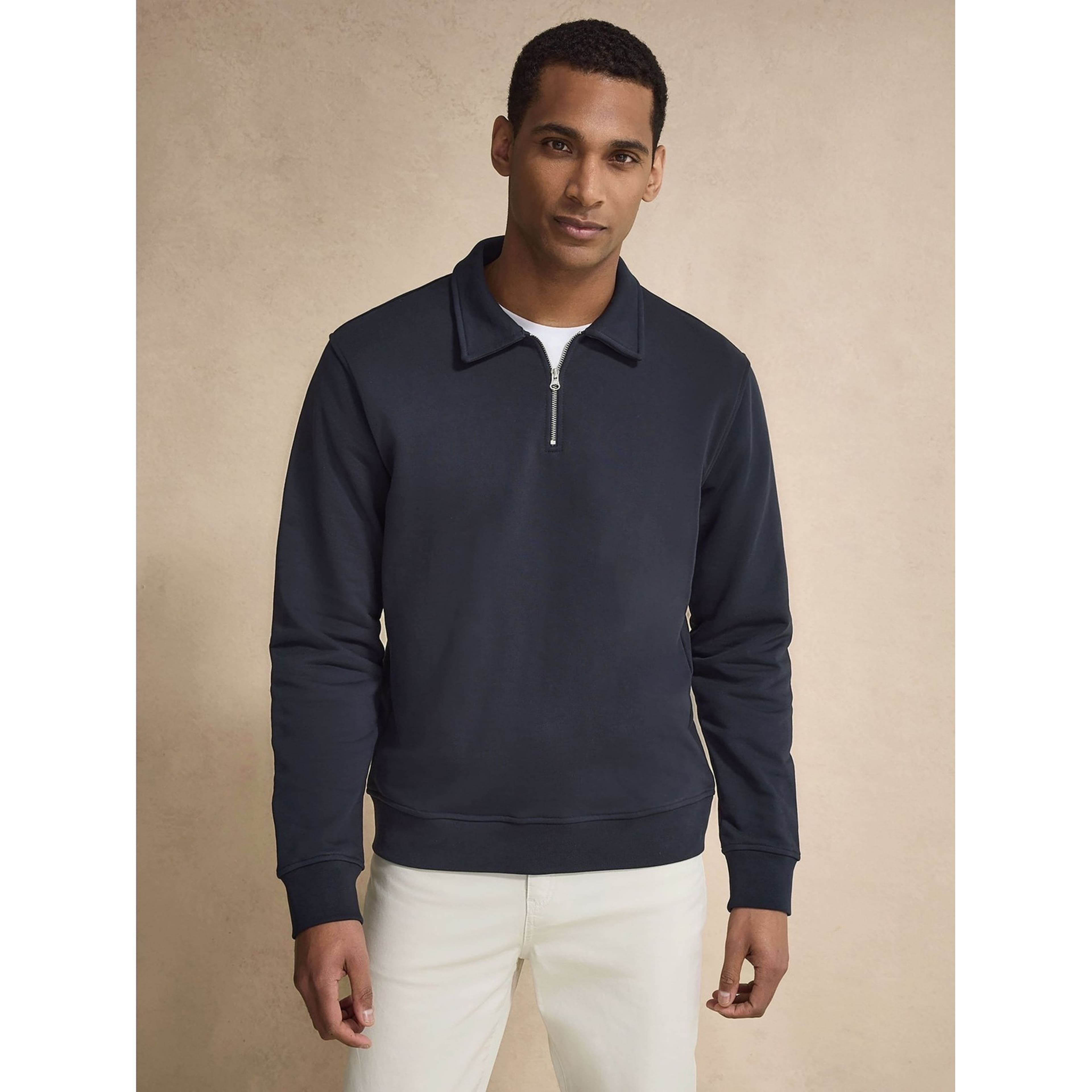 Cotton L/s Jersey Polo Collar Sweater W/ Zip