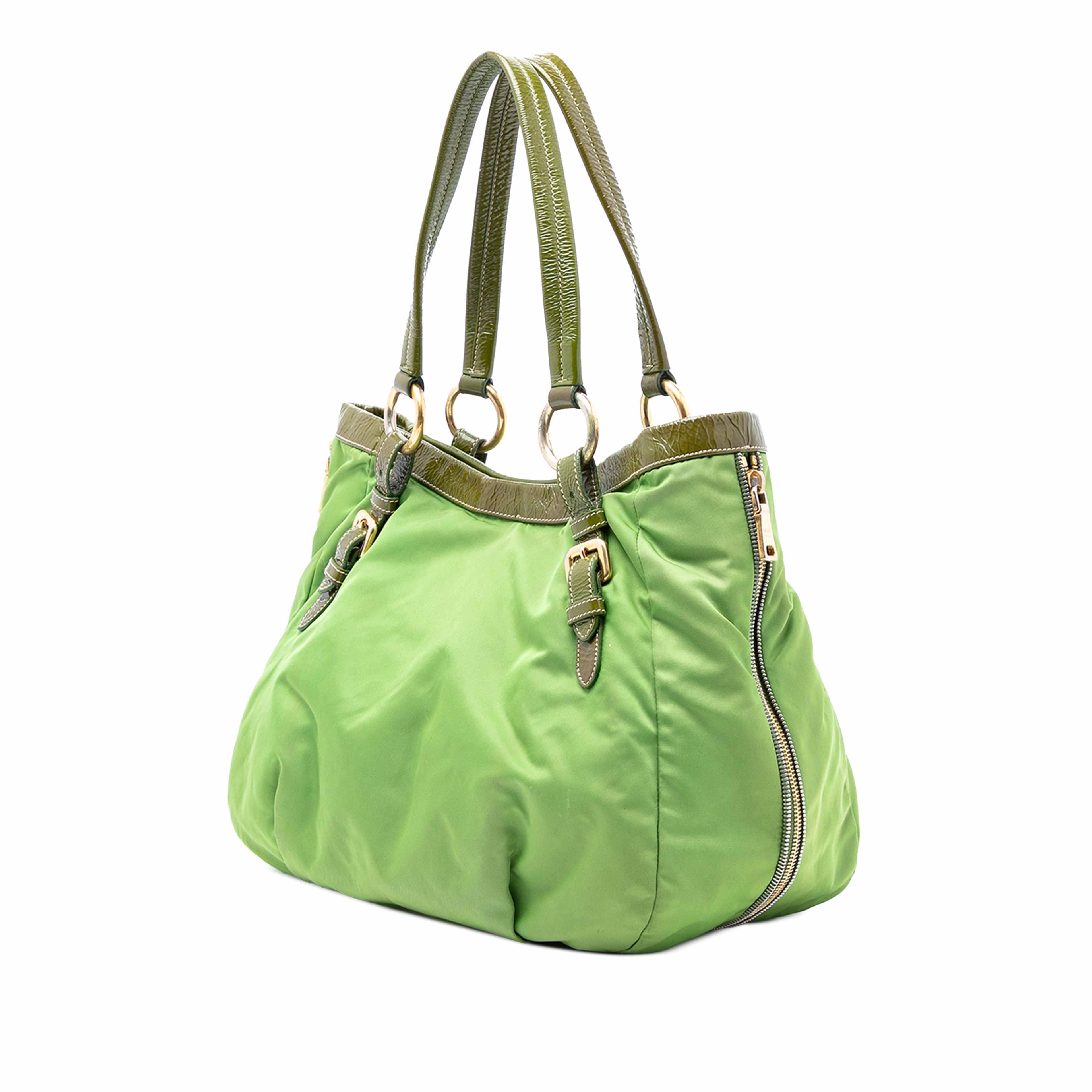 Prada Tessuto Side Zip Tote, från Luxclusif, i färgen light green. Klicka för att öppna bilden i stort format