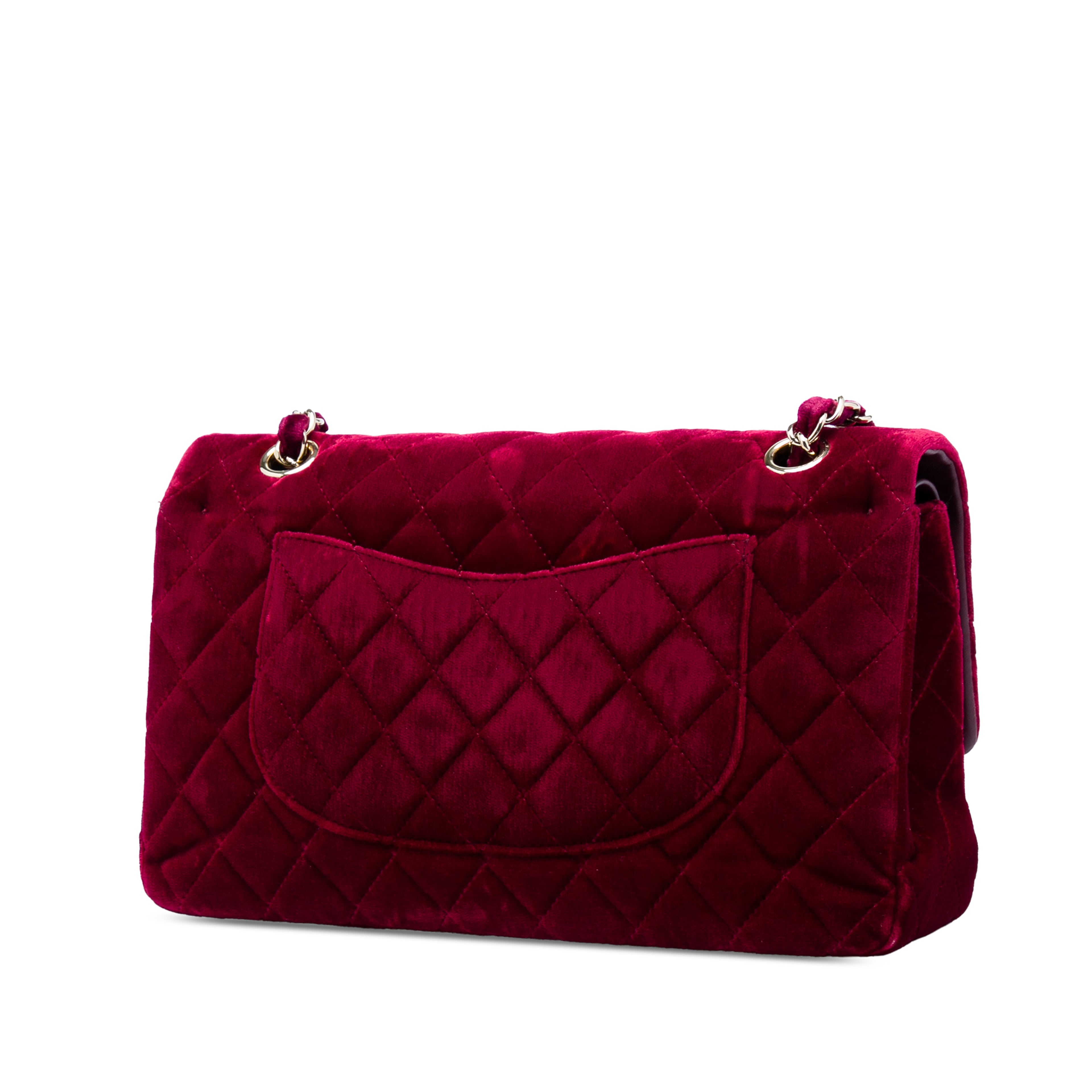 Chanel Medium Classic Velvet Double Flap, från Luxclusif, i färgen röd. Klicka för att öppna bilden i stort format