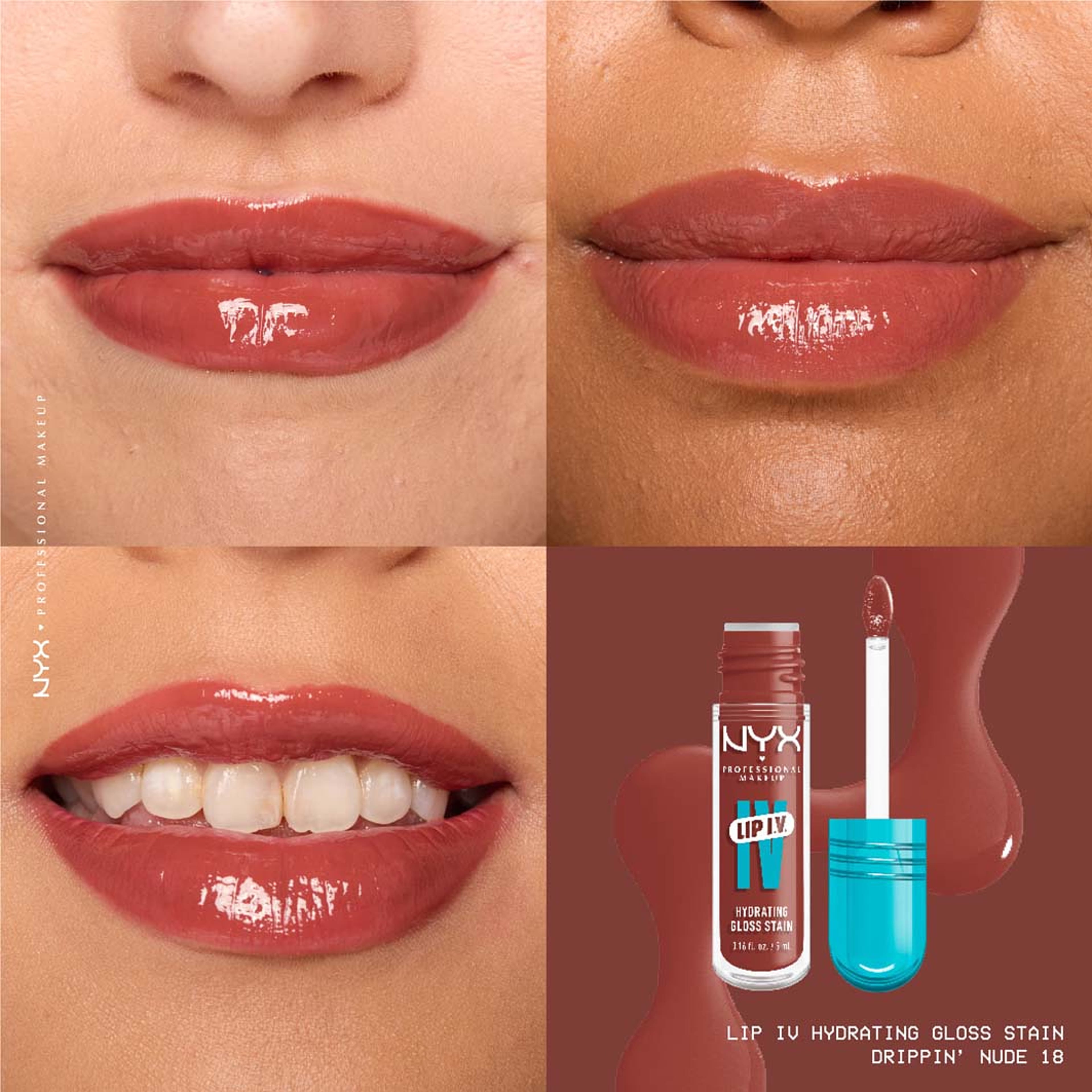 Lip I.V. Hydrating Gloss Stain, från NYX Professional Makeup, i färgen Drippin' Nude. Klicka för att öppna bilden i stort format