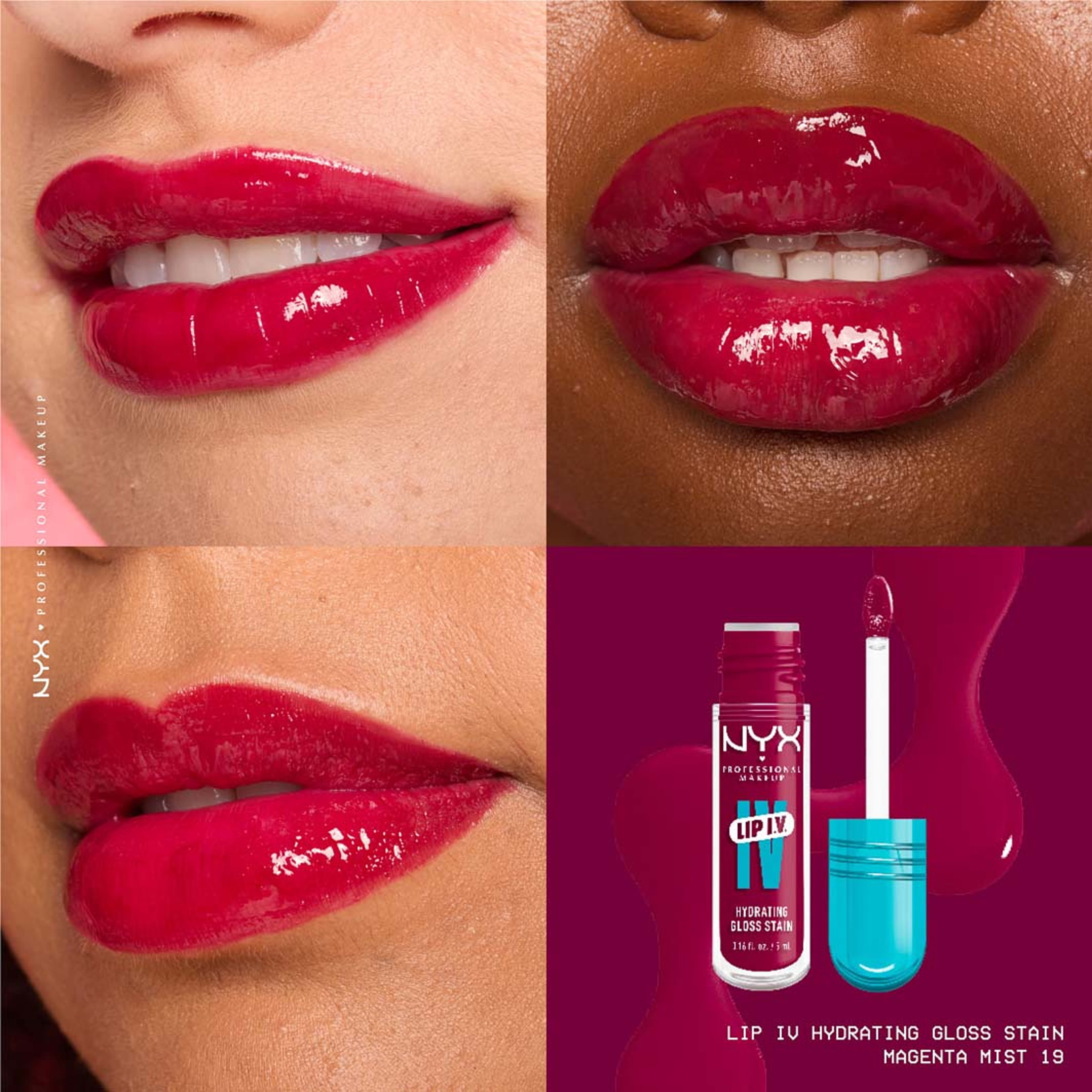 Lip I.V. Hydrating Gloss Stain, från NYX Professional Makeup, i färgen Magenta Mist. Klicka för att öppna bilden i stort format