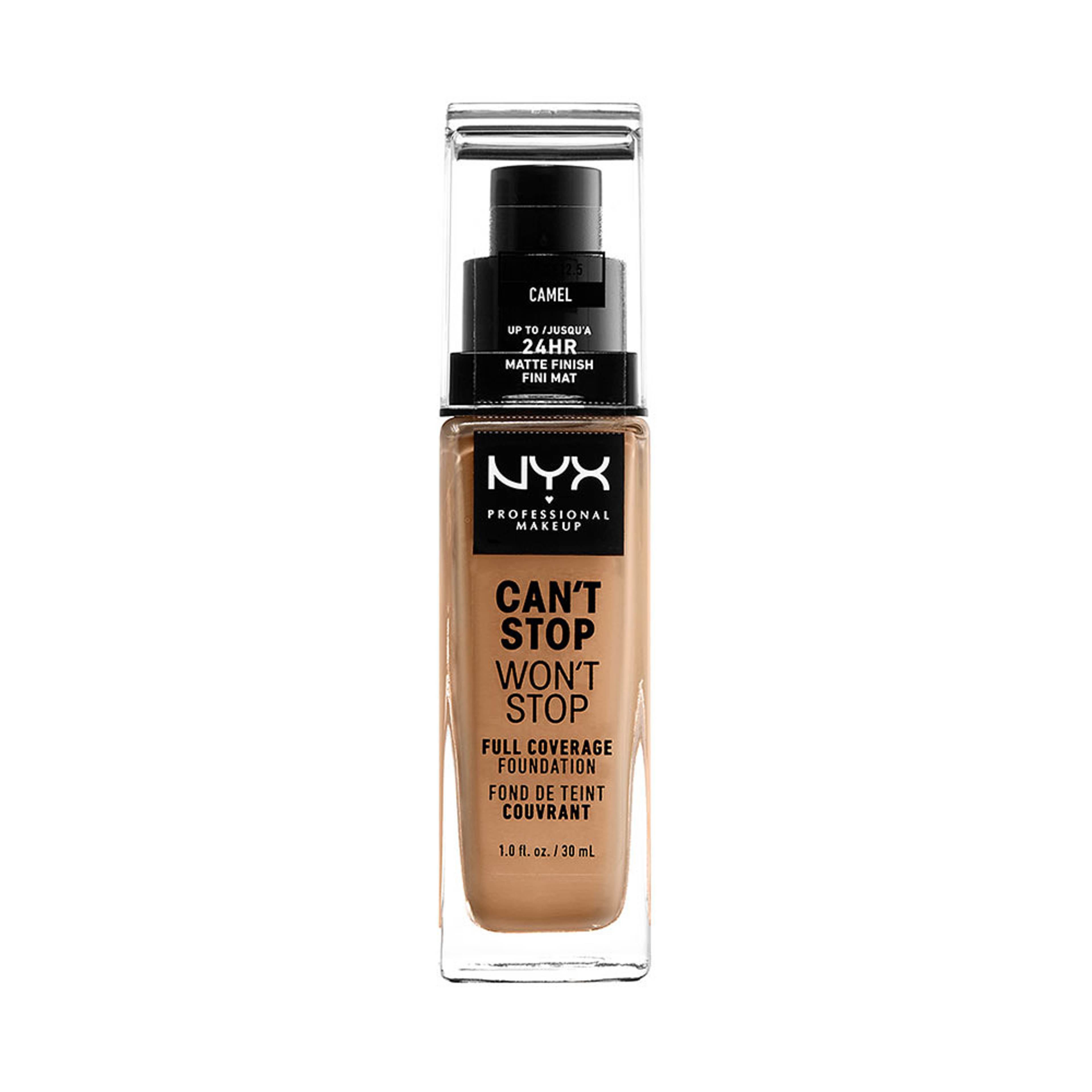 Can't Stop Won't Stop Full Coverage Foundation, från NYX Professional Makeup, i färgen Camel. Klicka för att öppna bilden i stort format