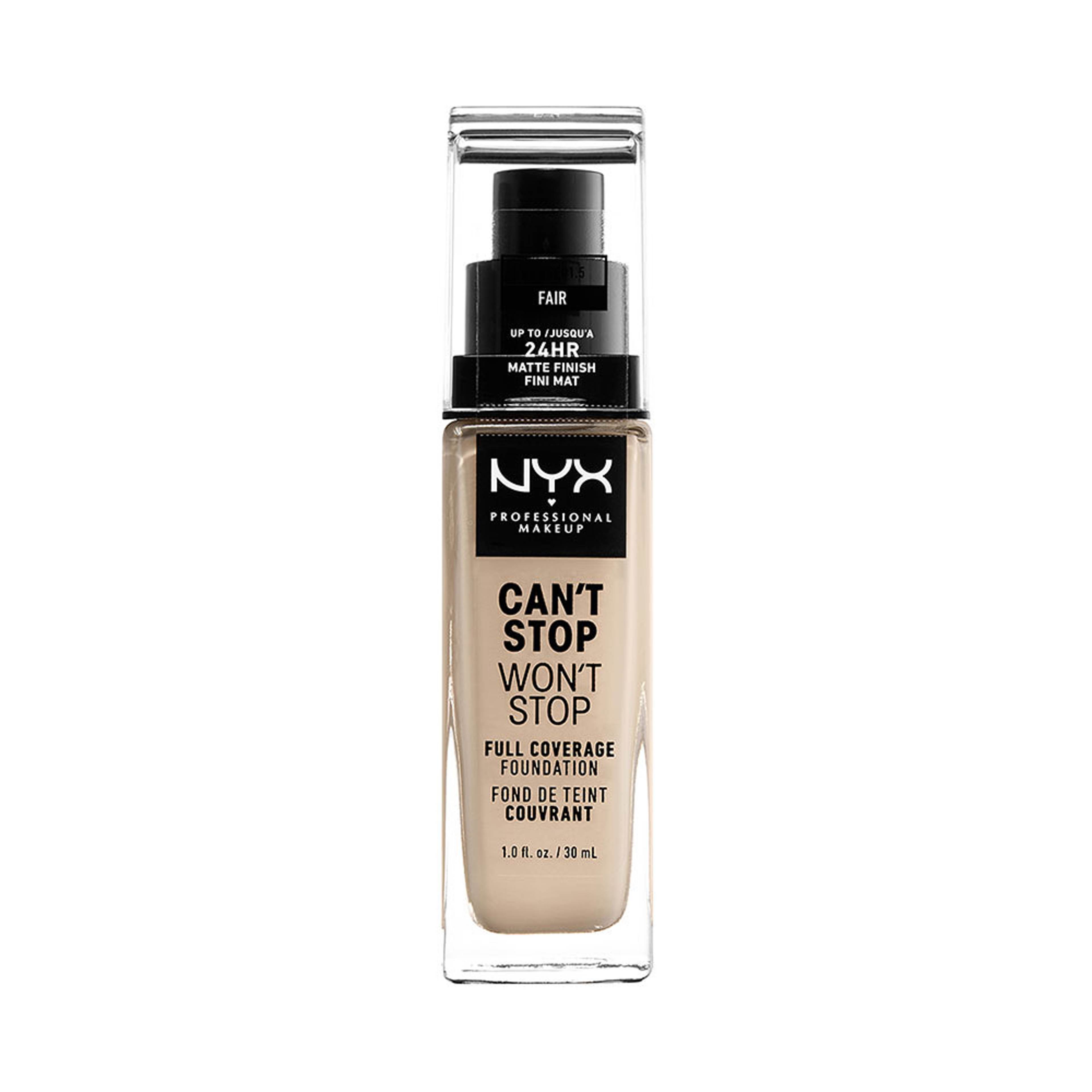 Can't Stop Won't Stop Full Coverage Foundation, från NYX Professional Makeup, i färgen Fair. Klicka för att öppna bilden i stort format