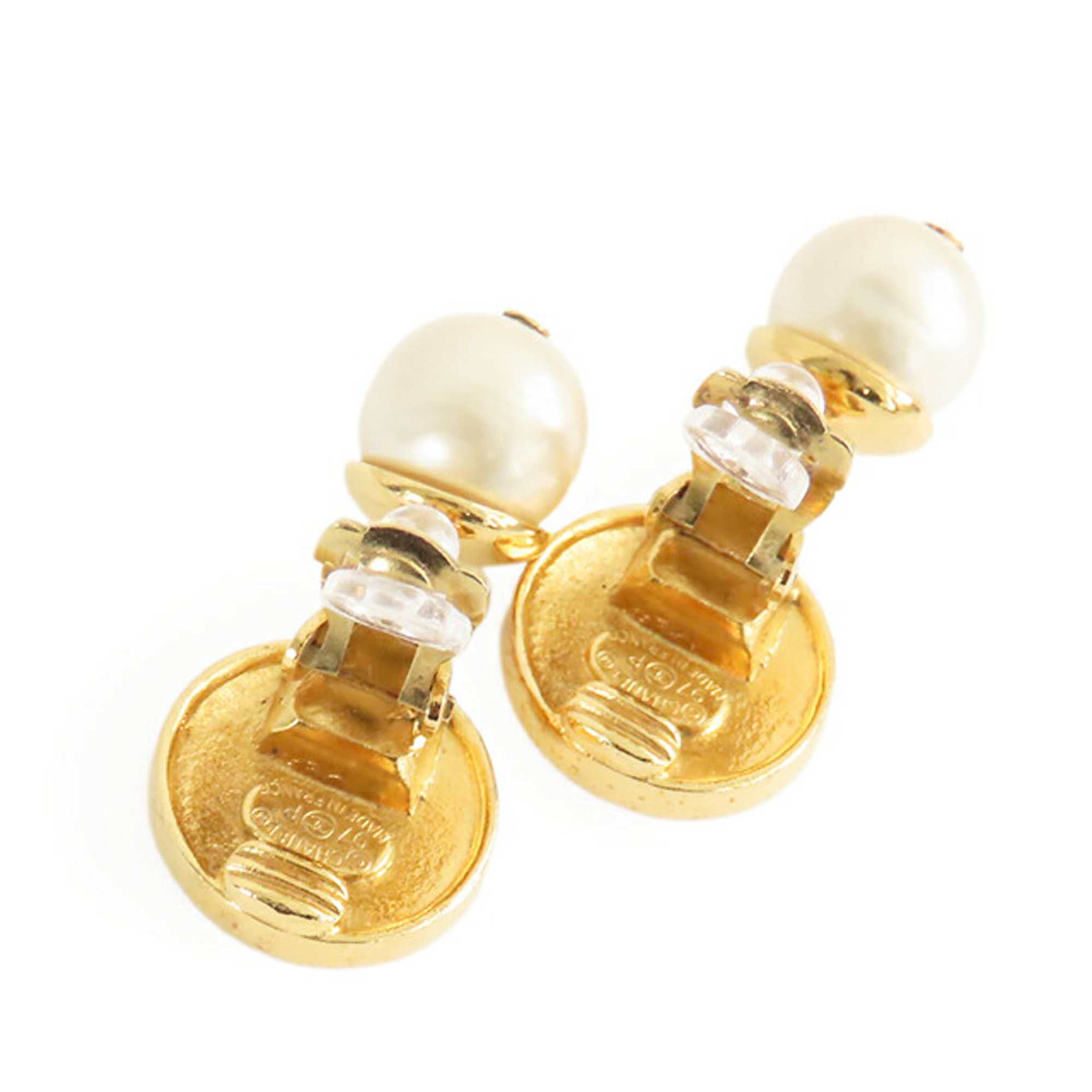 Chanel Gold Plated Faux Pearl Logo Clip On Drop Earrings