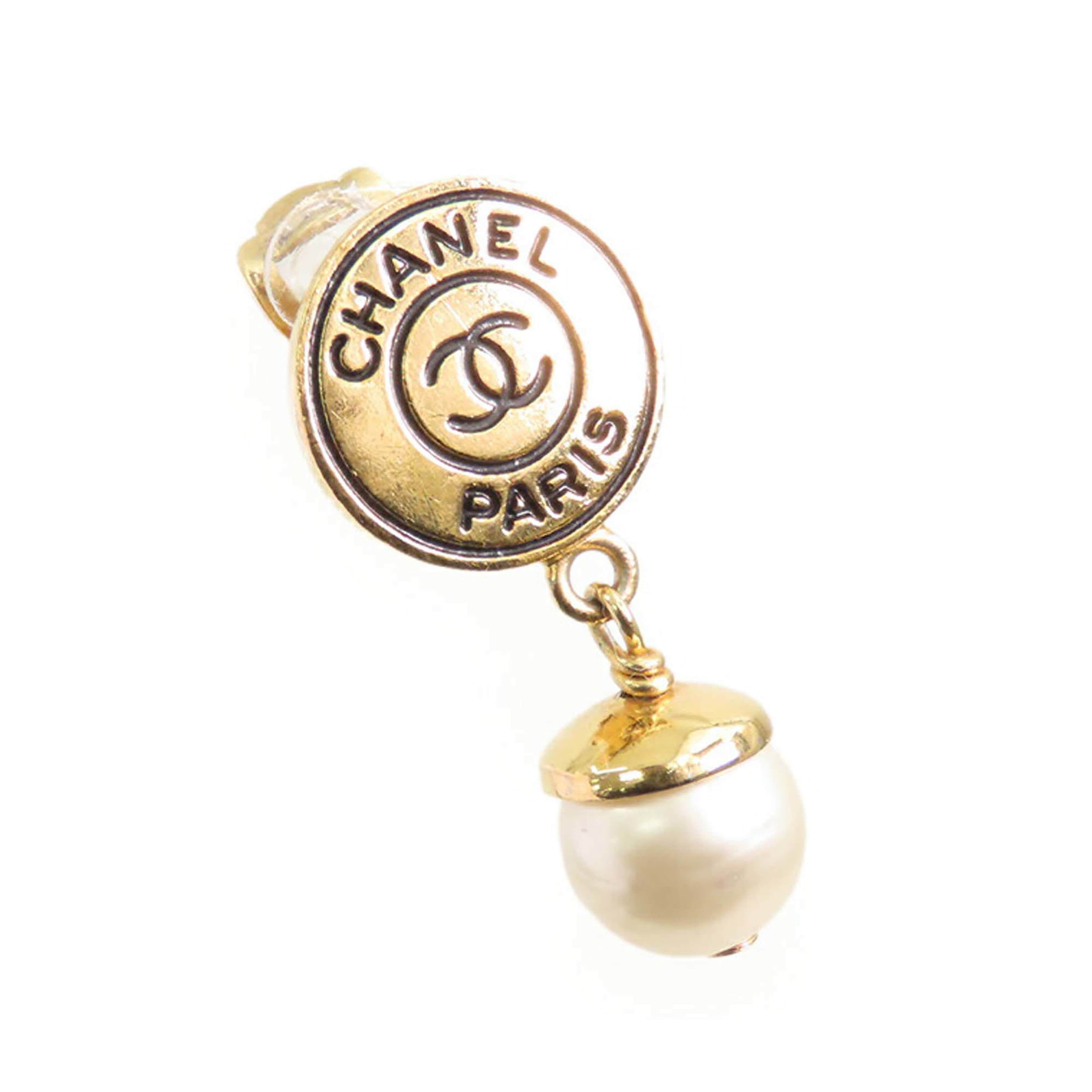 Chanel Gold Plated Faux Pearl Logo Clip On Drop Earrings