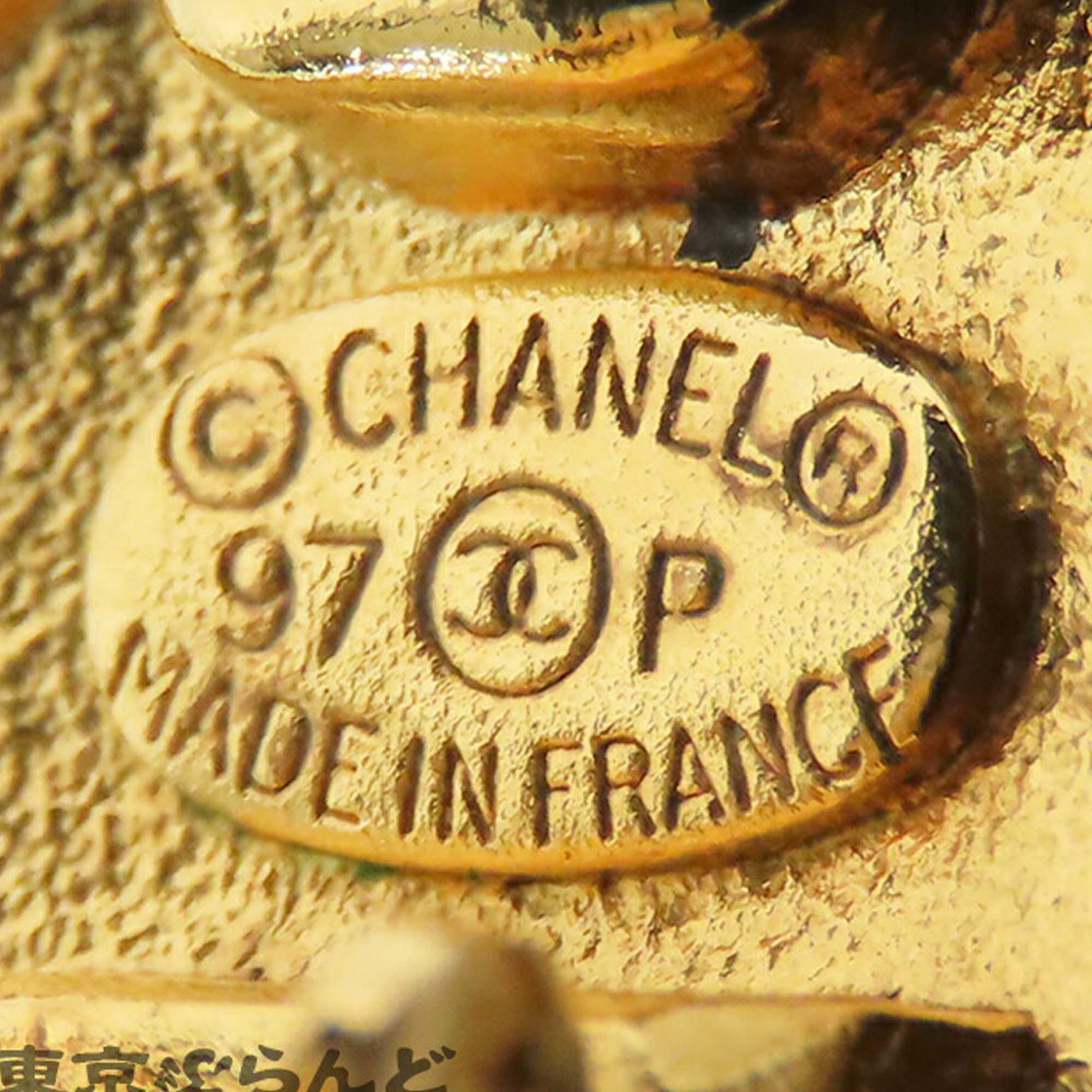 Chanel Gold Plated Faux Pearl Logo Clip On Drop Earrings