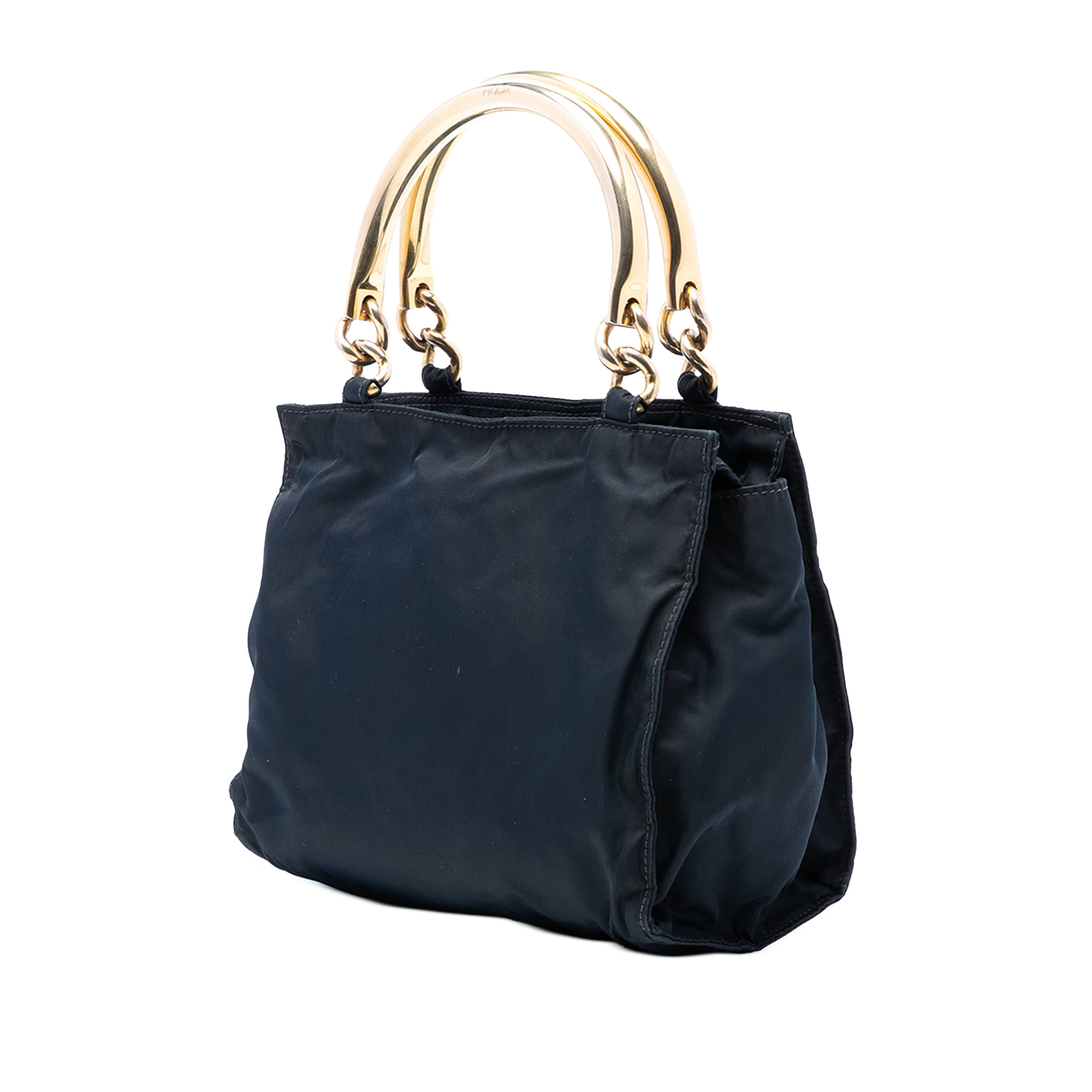 Prada Tessuto Metal Handle Bag, från Luxclusif, i färgen navy. Klicka för att öppna bilden i stort format