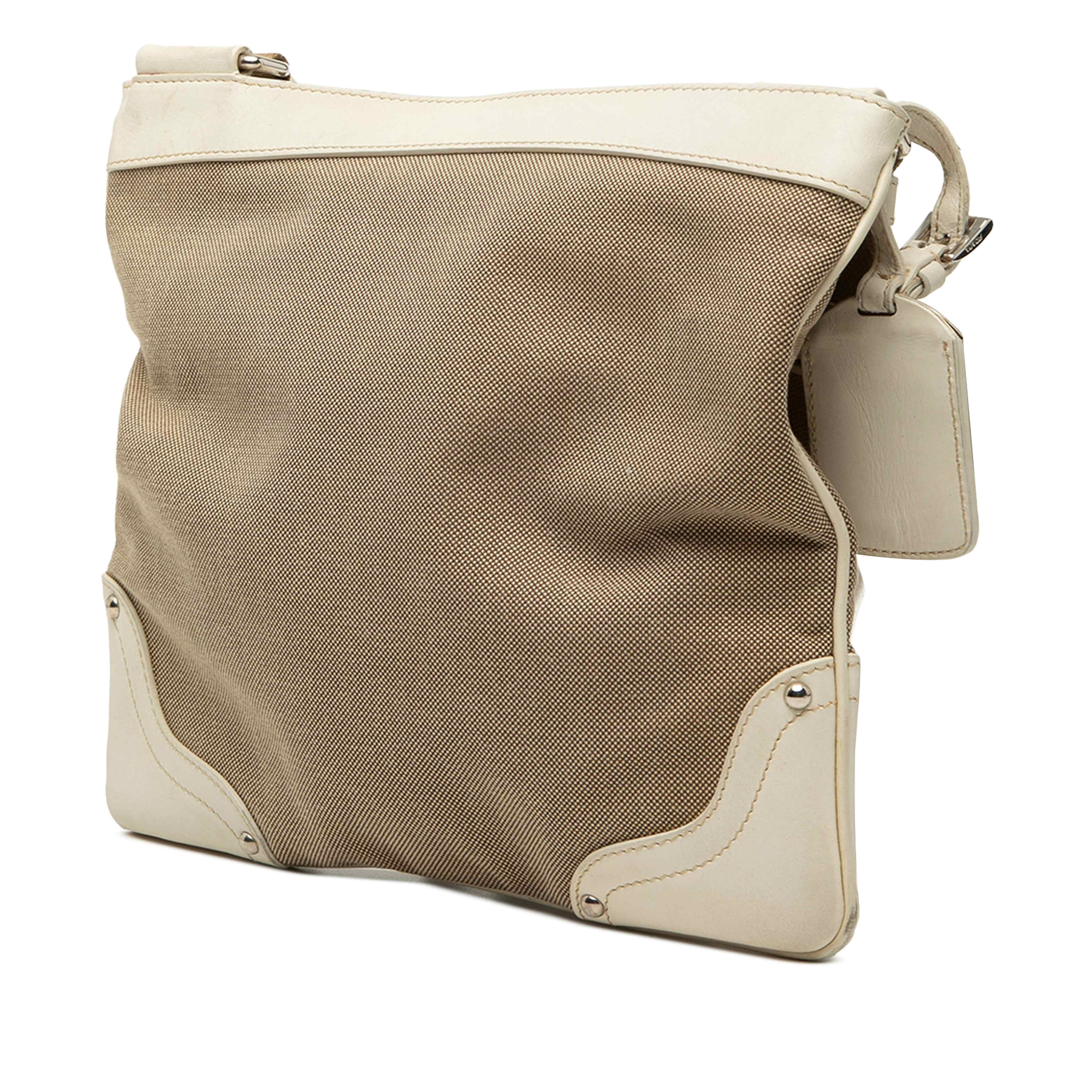 Prada Canvas Canapa Logo Crossbody, från Luxclusif, i färgen beige. Klicka för att öppna bilden i stort format