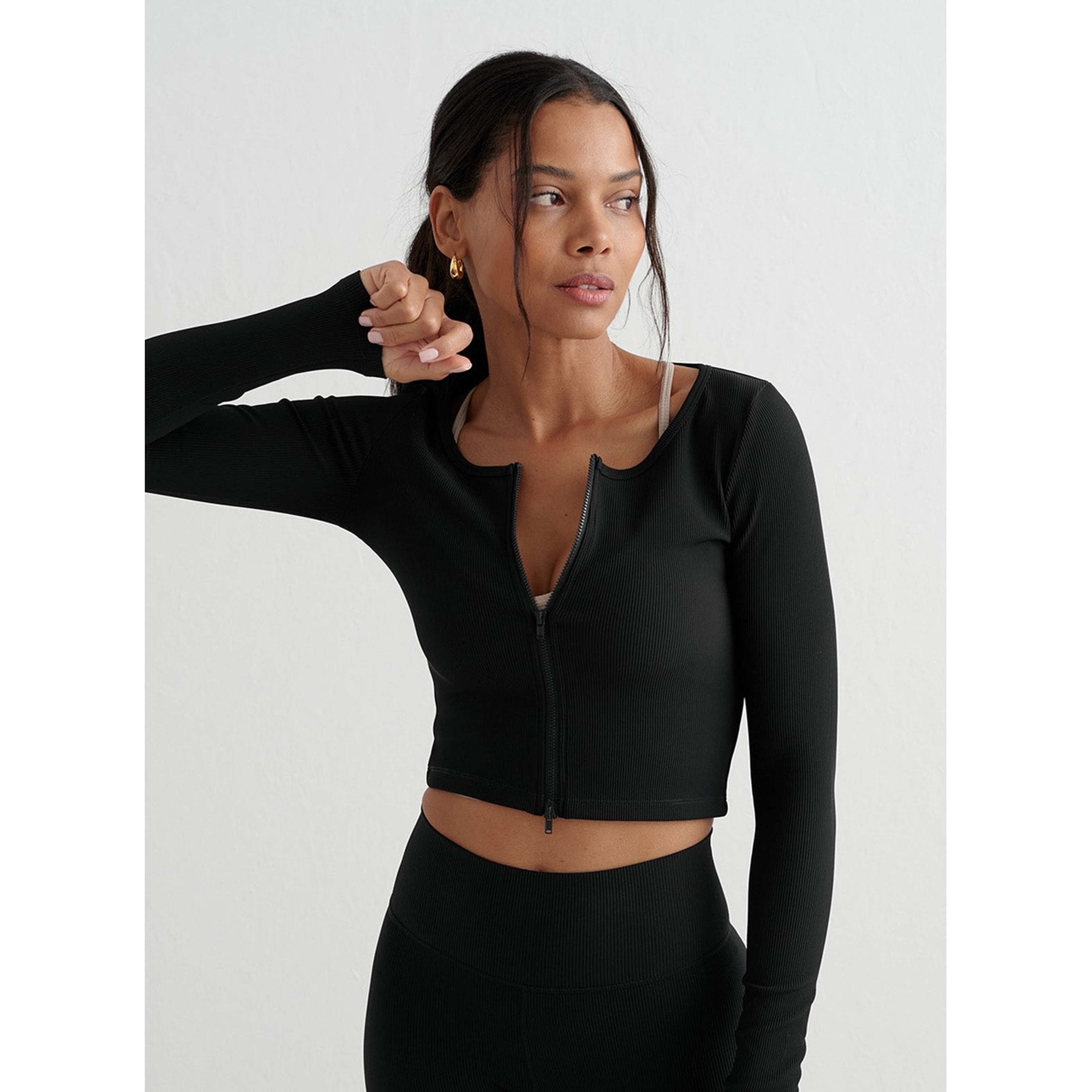 Black Ribbed Performance Zipped Cardigan