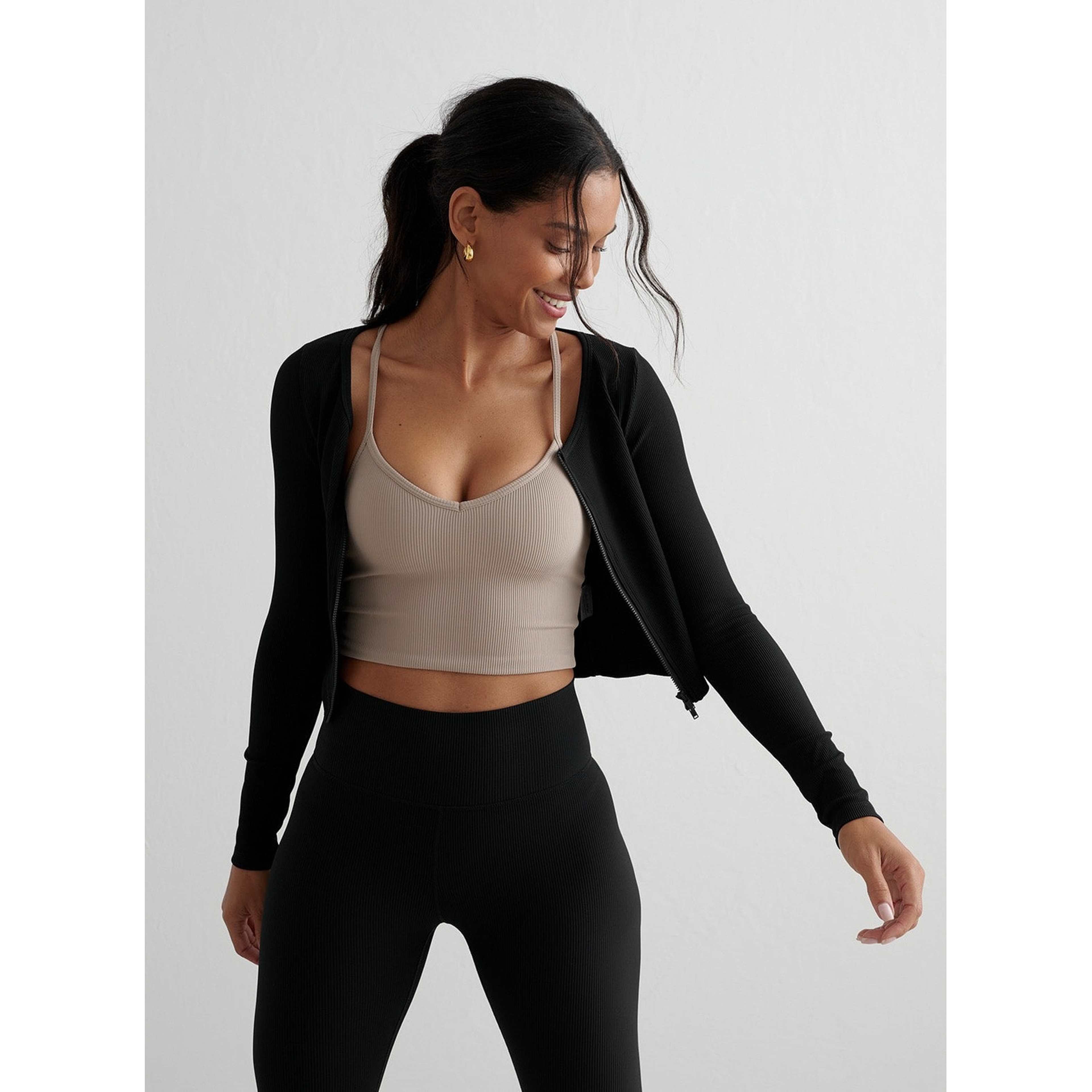 Black Ribbed Performance Zipped Cardigan