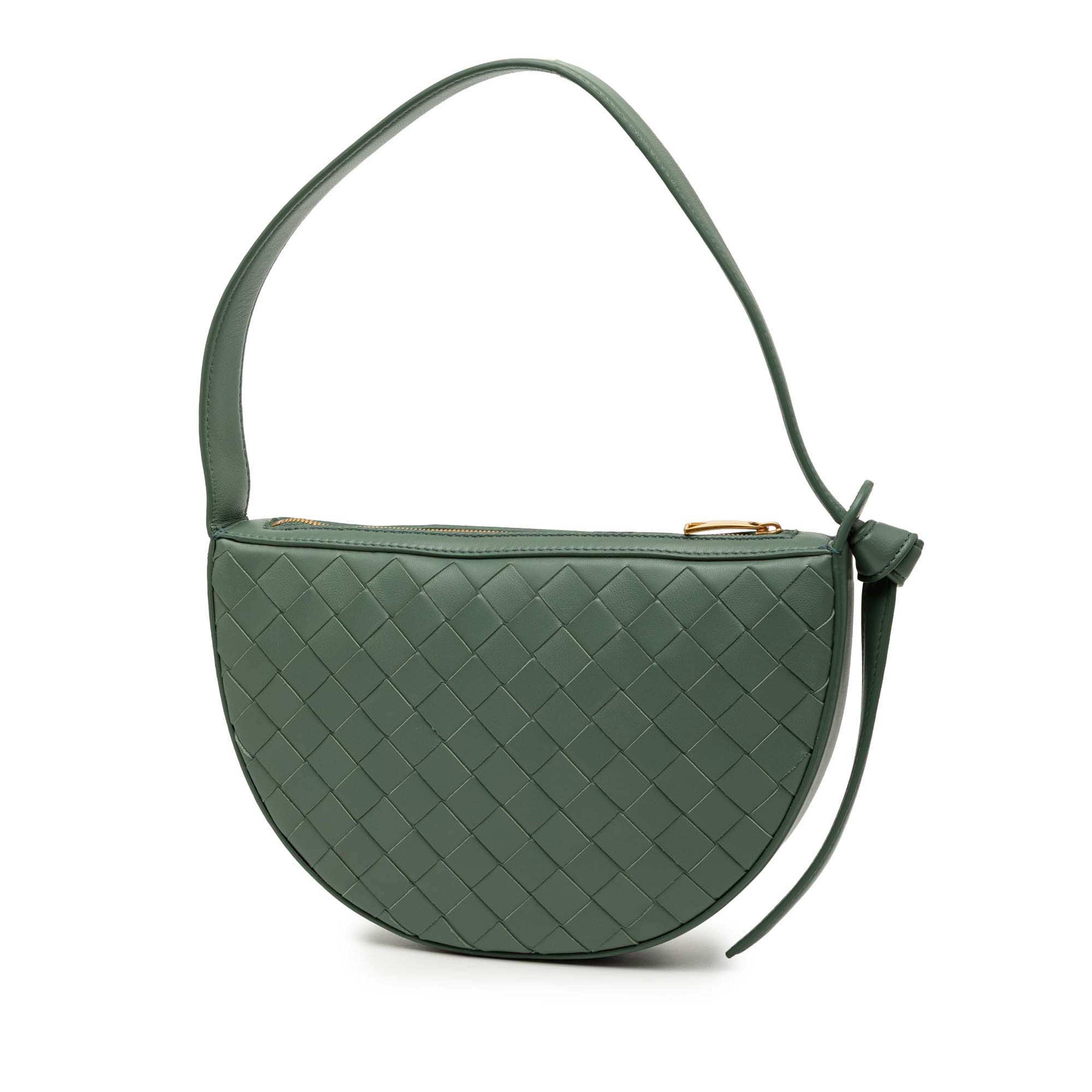 Bottega Veneta Mini Leather Intrecciato Sunrise Hobo, från Luxclusif, i färgen light green. Klicka för att öppna bilden i stort format