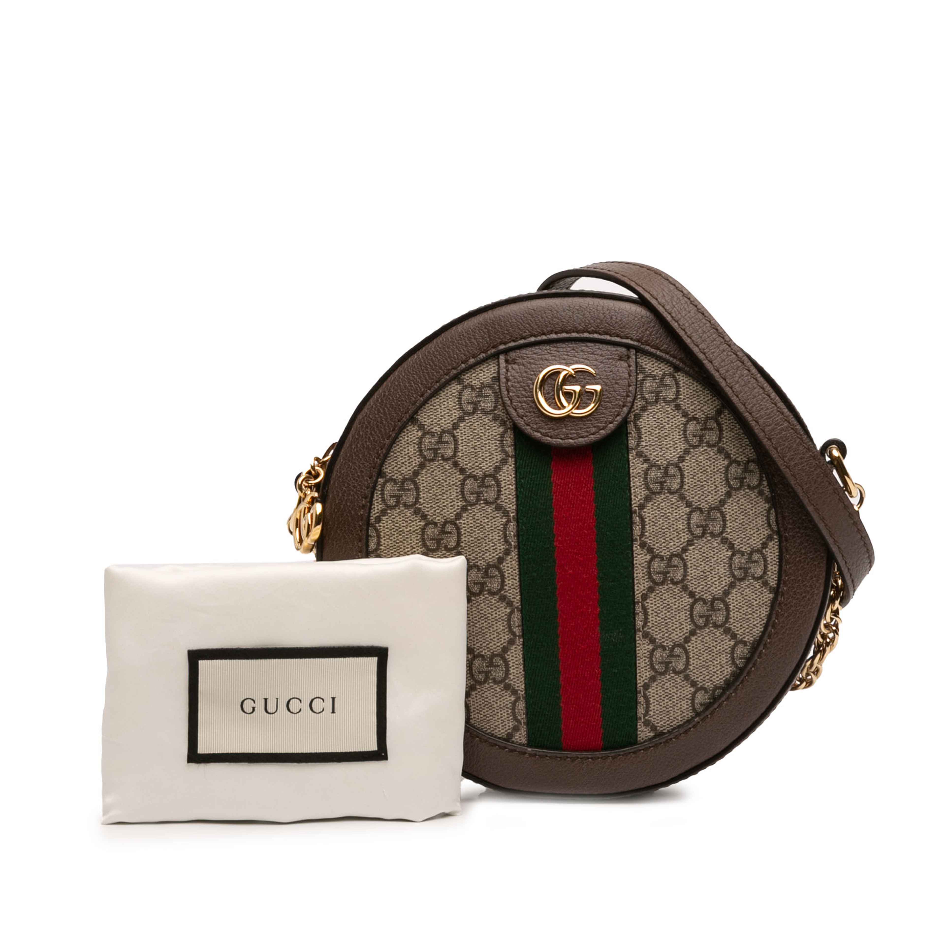 Gucci Mini Gg Supreme Web Ophidia Round Crossbody, från Luxclusif, i färgen beige. Klicka för att öppna bilden i stort format