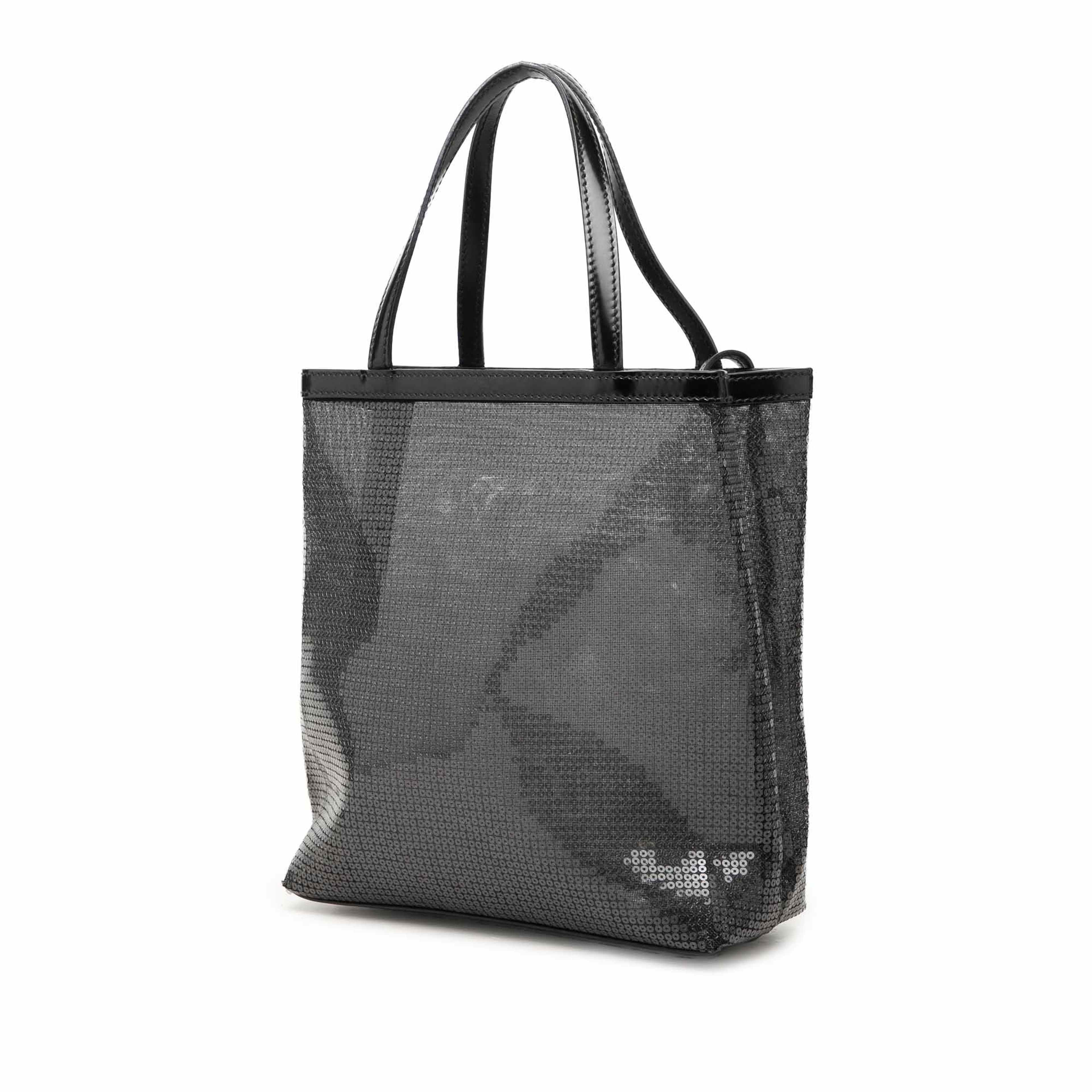 Prada Small Sequined Mesh Logo Open Tote, från Luxclusif, i färgen svart. Klicka för att öppna bilden i stort format