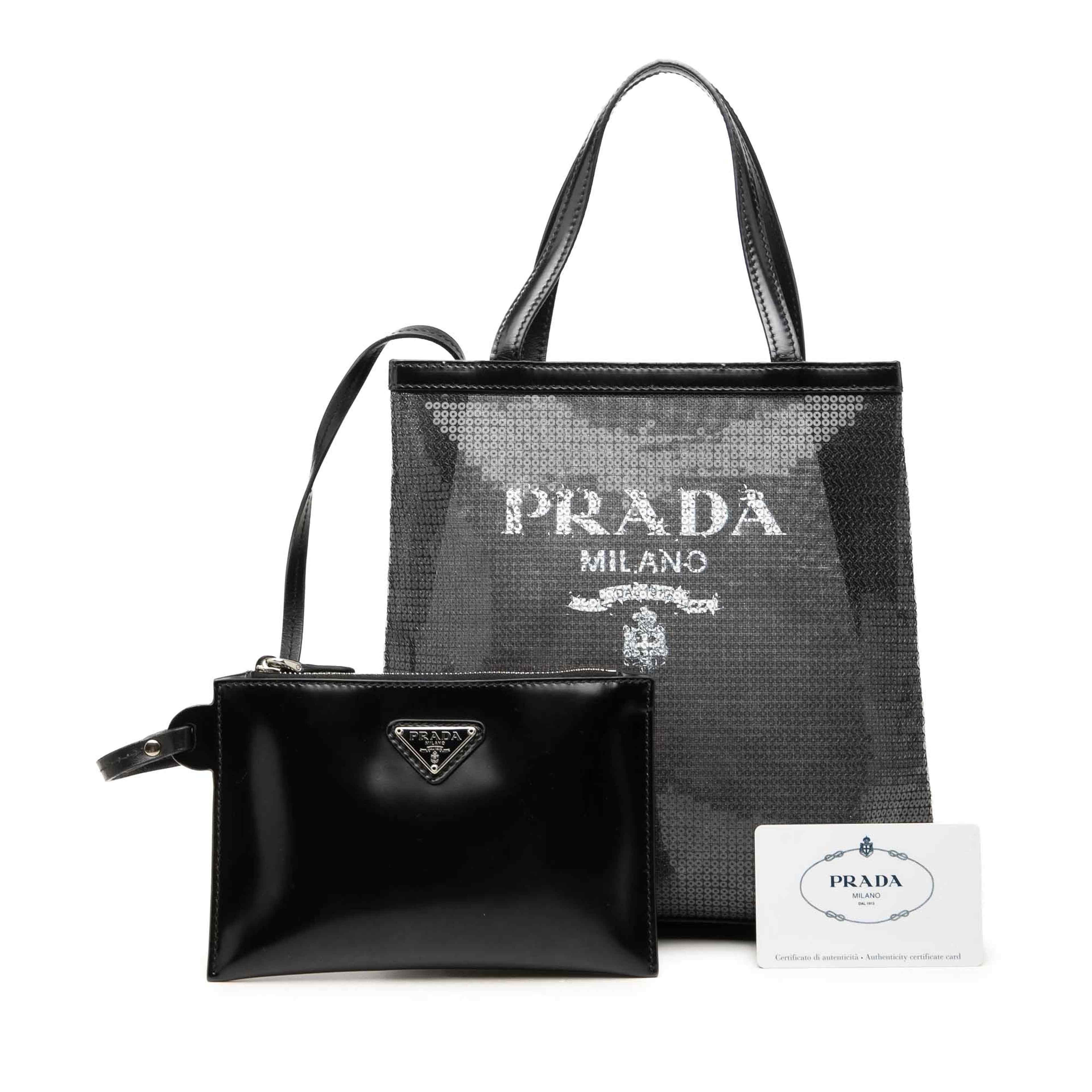 Prada Small Sequined Mesh Logo Open Tote, från Luxclusif, i färgen svart. Klicka för att öppna bilden i stort format