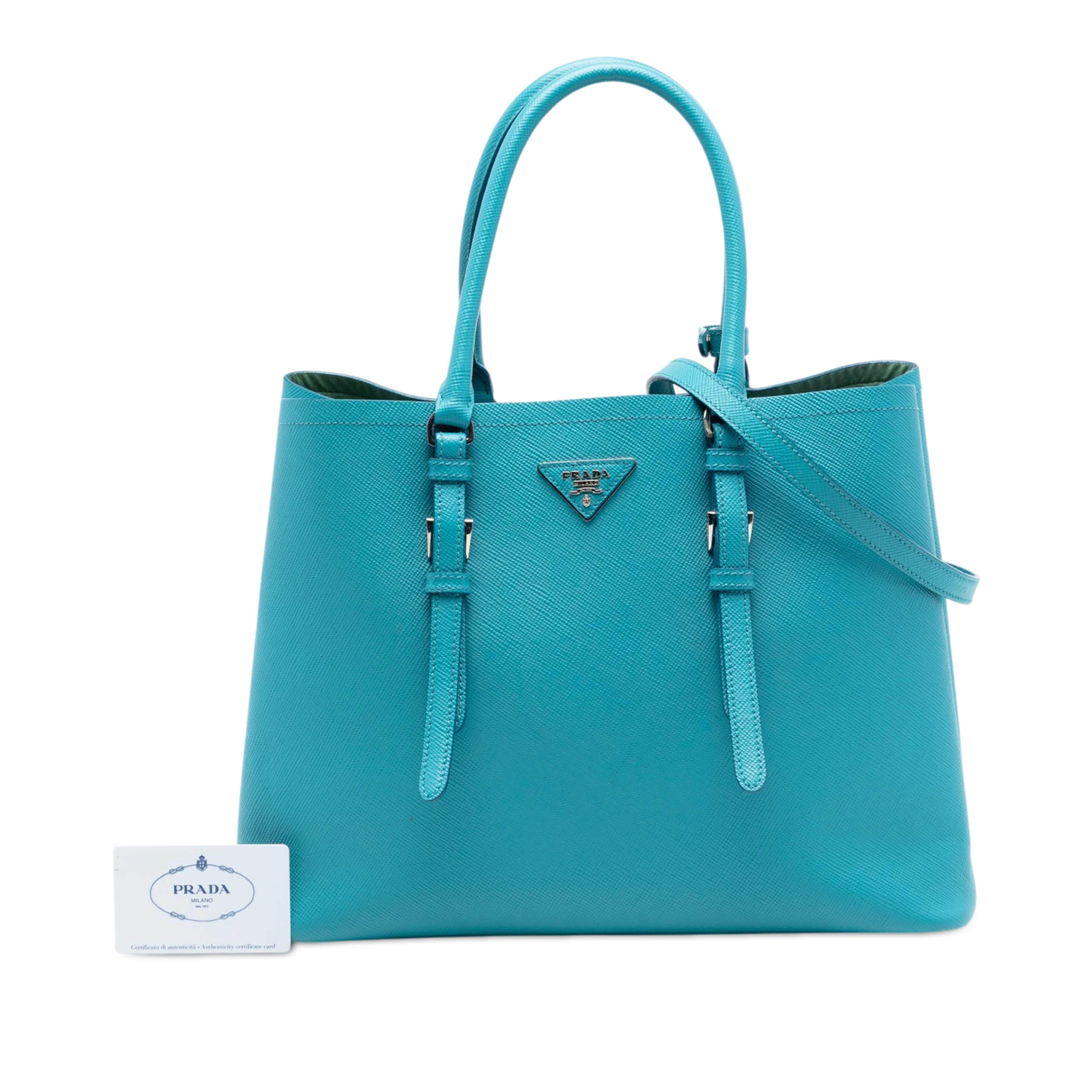 Prada Medium Saffiano Cuir Double Handle Satchel, från Luxclusif, i färgen blå. Klicka för att öppna bilden i stort format