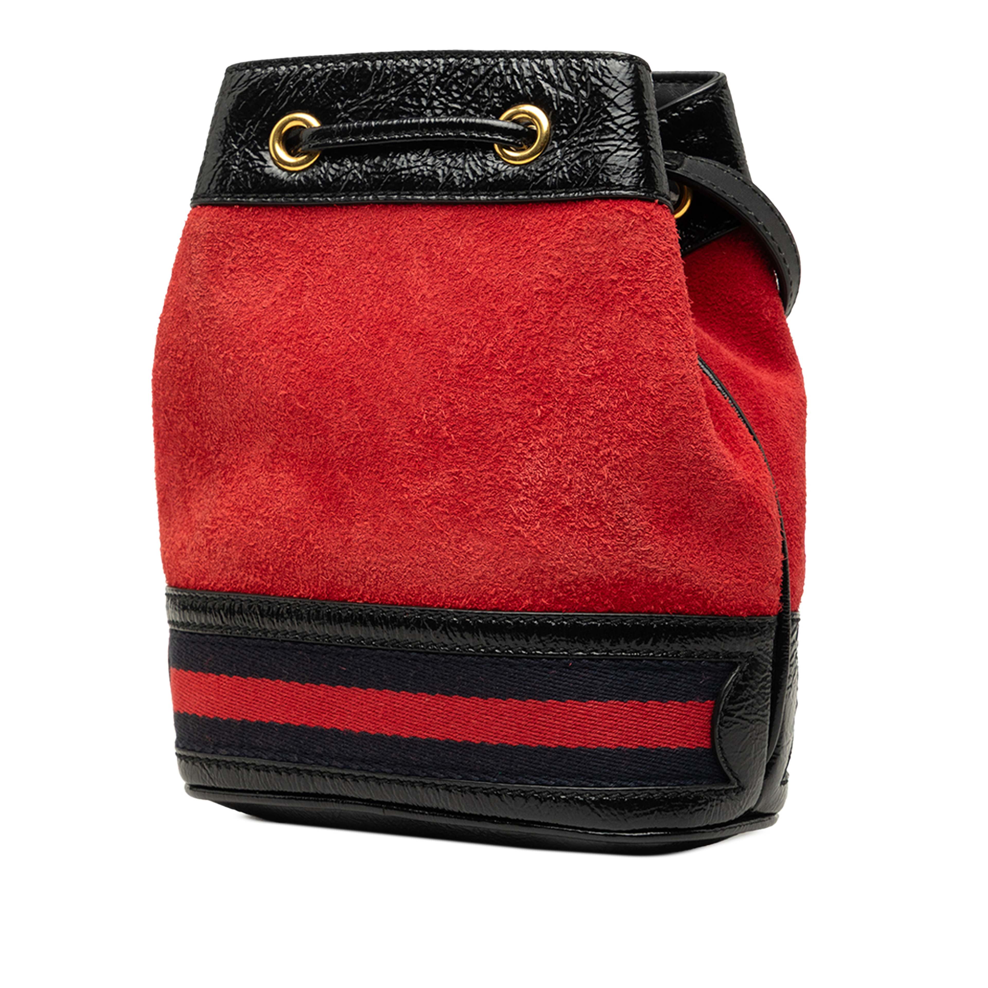 Gucci Mini Suede And Patent Web Ophidia Bucket Bag, från Luxclusif, i färgen röd. Klicka för att öppna bilden i stort format