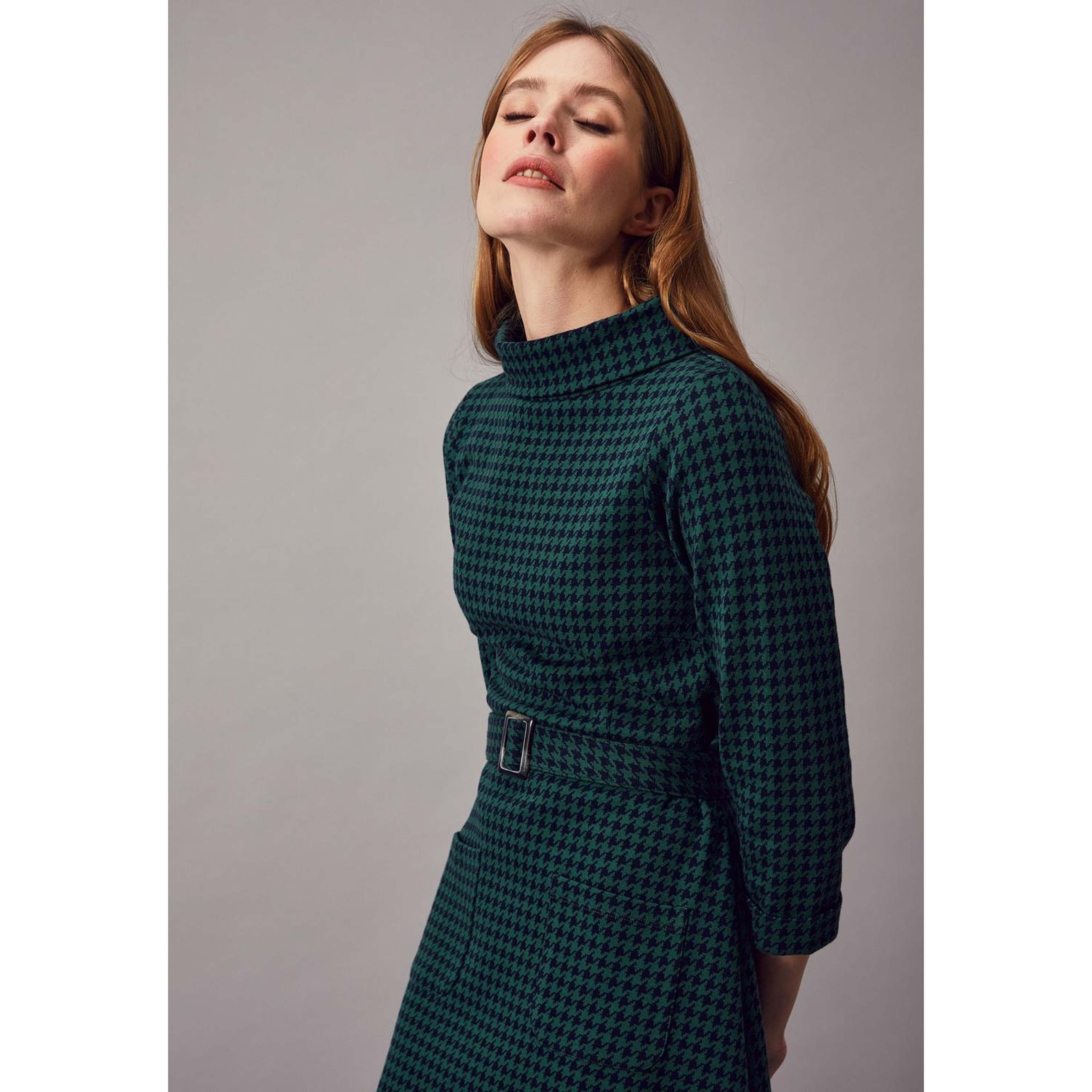 Kim Dogtooth Dress Dk Green