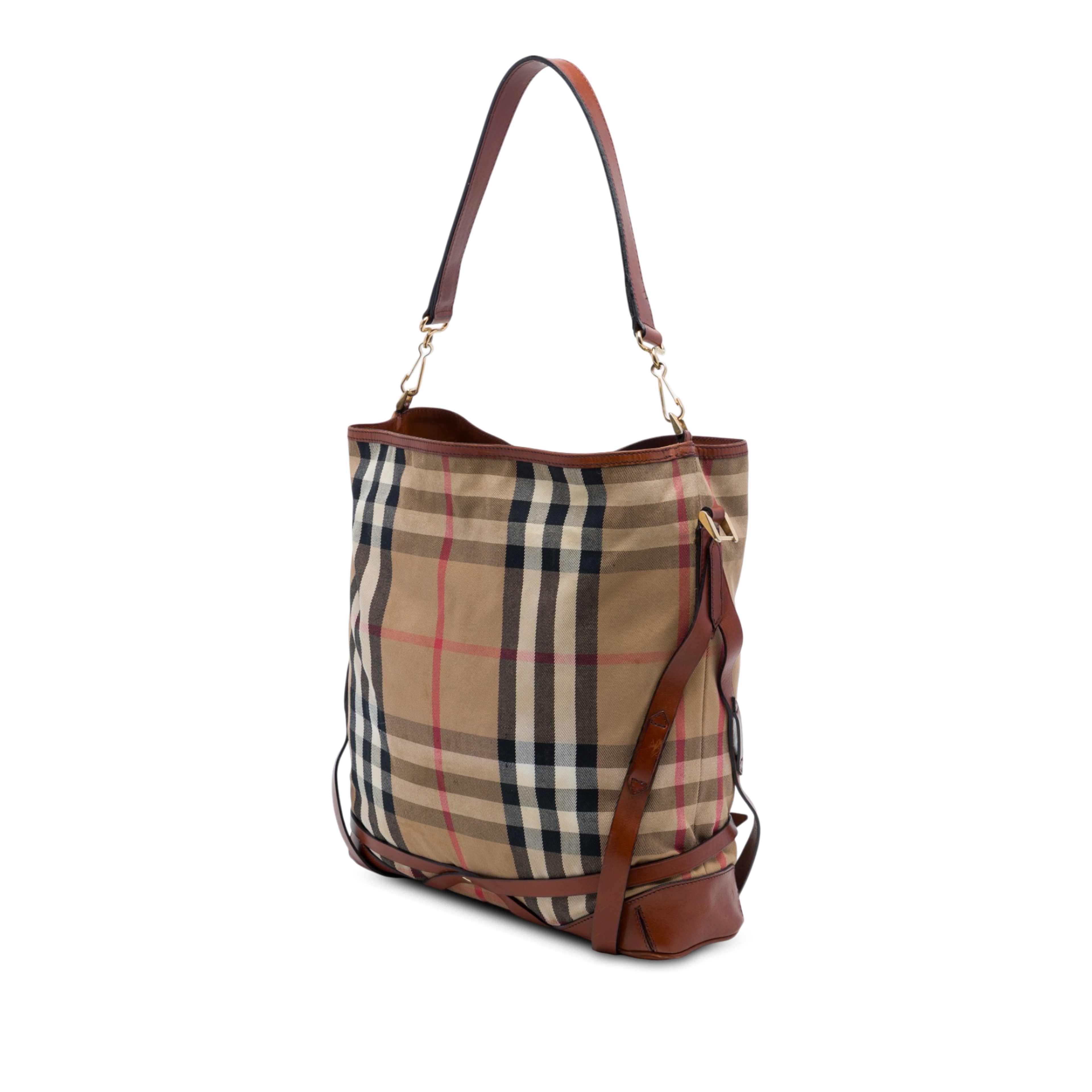 Burberry House Check Canvas Gosford Bridle Satchel, från Luxclusif, i färgen beige. Klicka för att öppna bilden i stort format