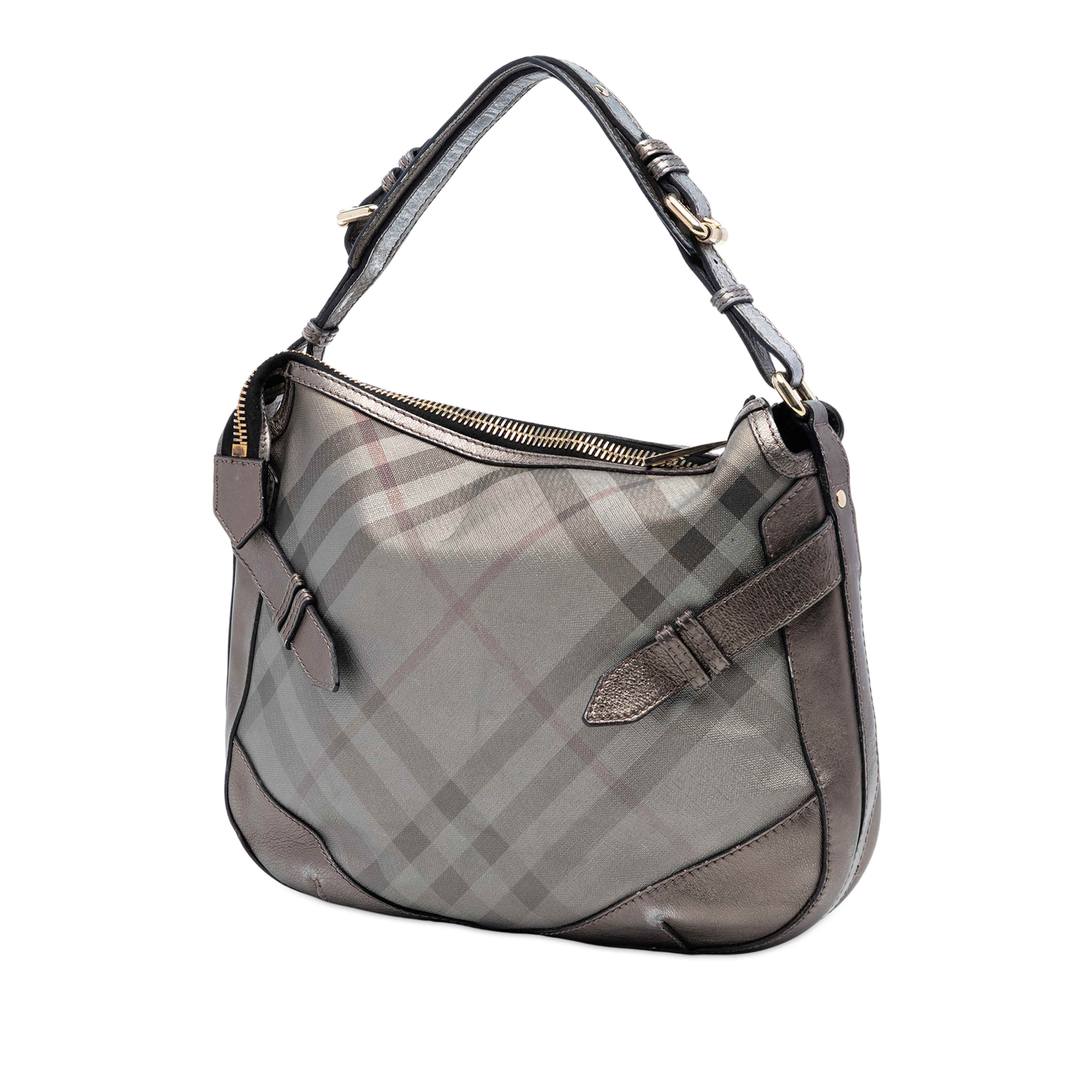 Burberry Supernova Check Coated Canvas And Metallic Leather Shoulder Bag, från Luxclusif, i färgen gray. Klicka för att öppna bilden i stort format