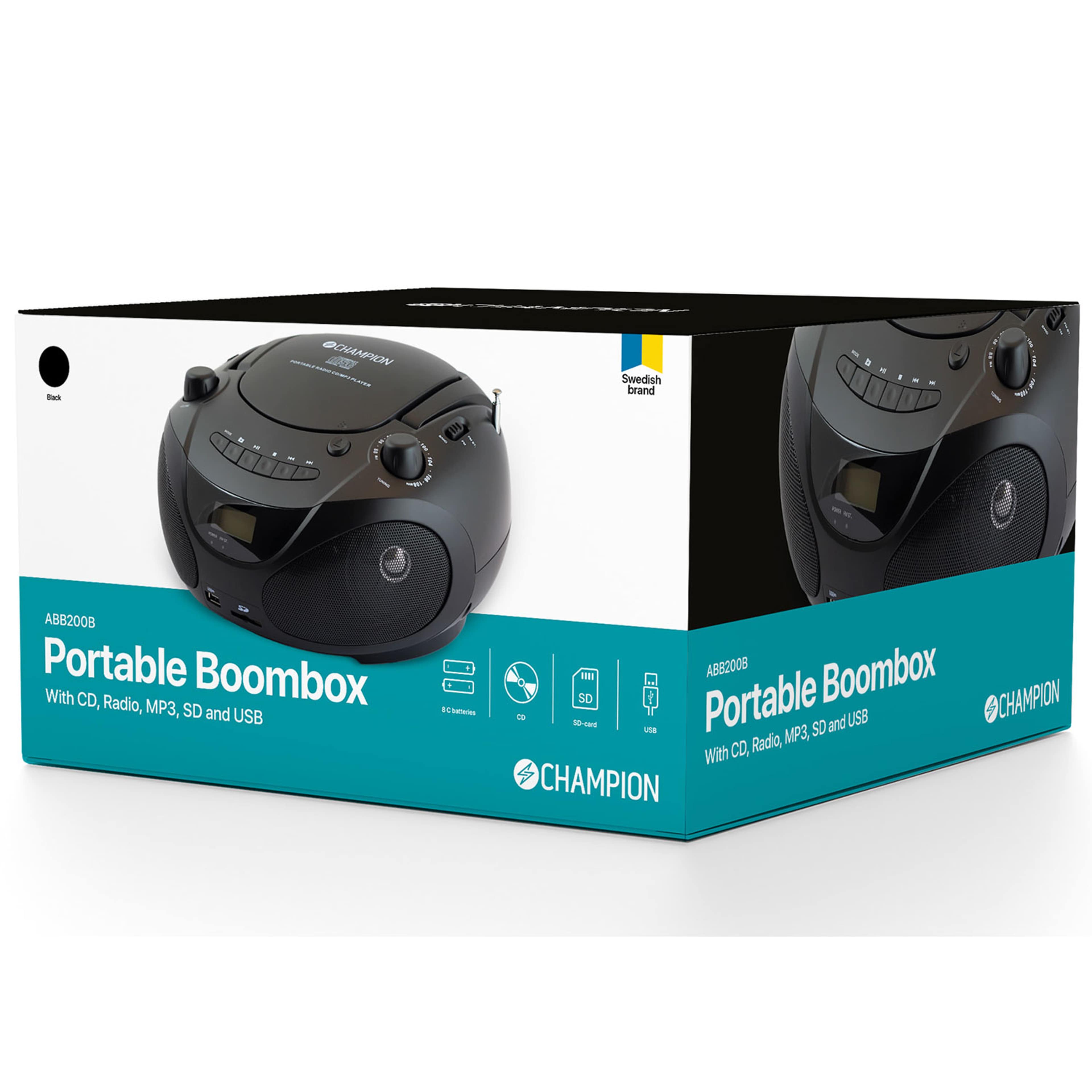 Boombox Cd/radio/mp3/usb, från Champion Nordic, i färgen svart. Klicka för att öppna bilden i stort format