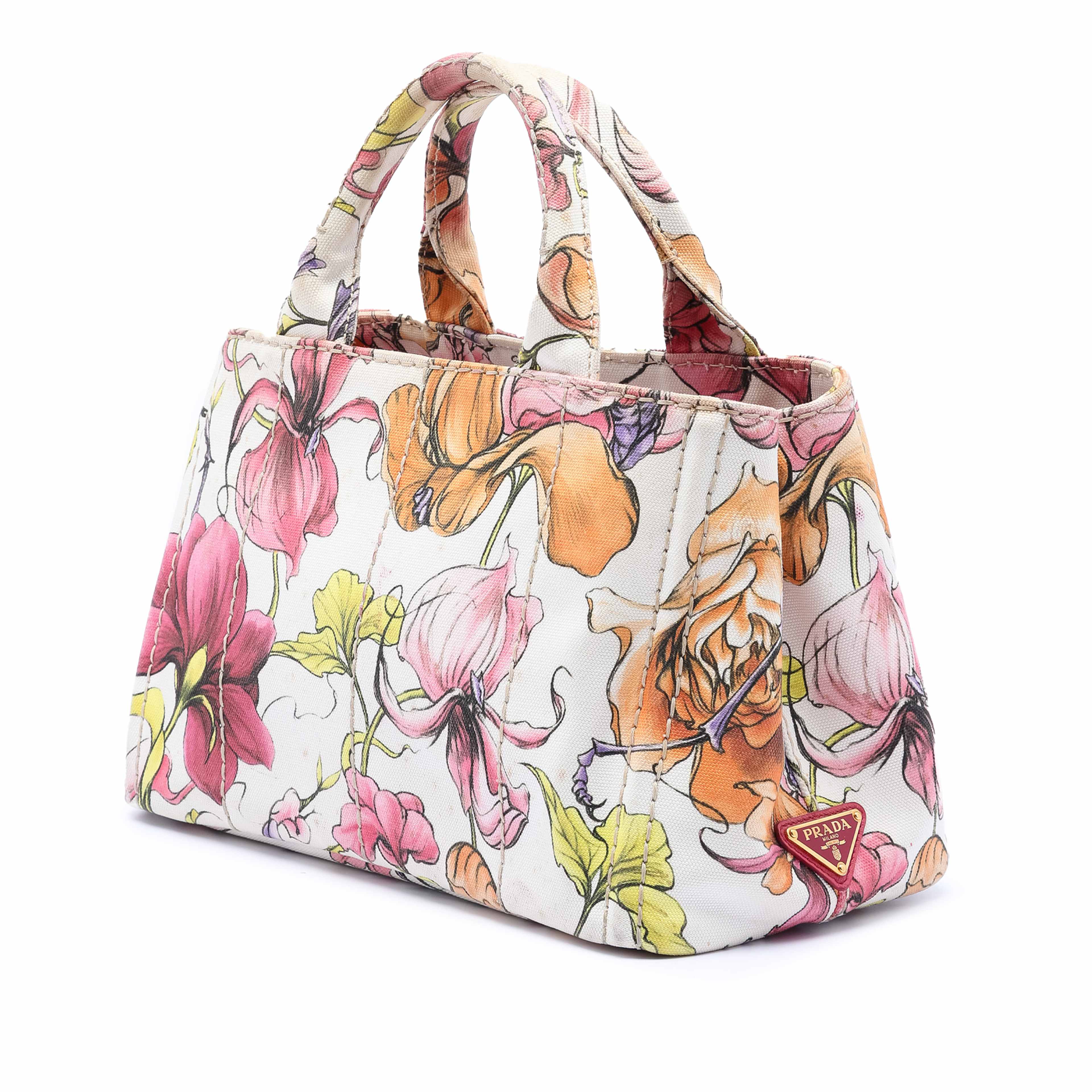 Prada Small Floral Printed Canvas Canapa Satchel, från Luxclusif, i färgen white. Klicka för att öppna bilden i stort format