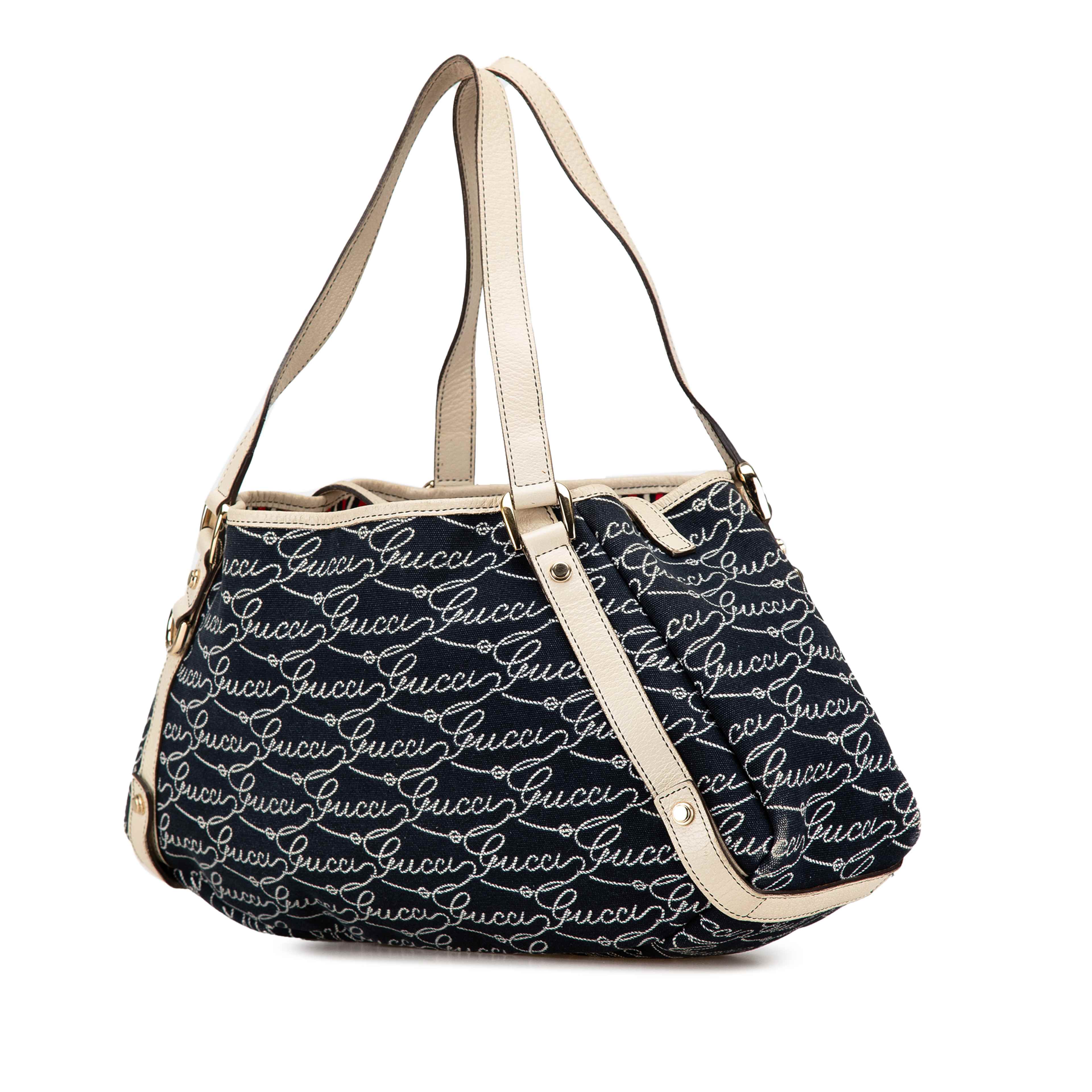 Gucci 85th Anniversary Canvas Logo Abbey D Ring Tote, från Luxclusif, i färgen dark blue. Klicka för att öppna bilden i stort format