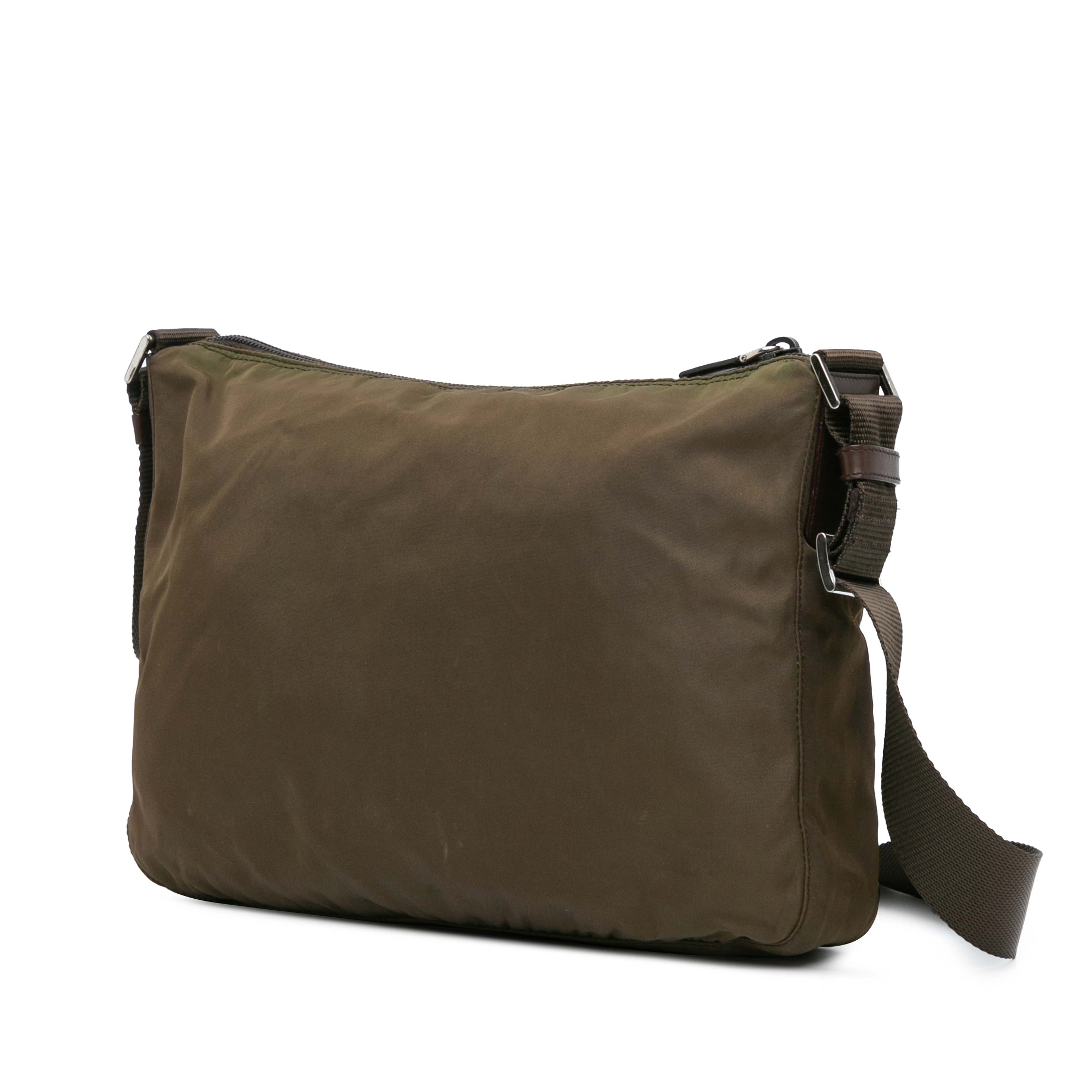 Prada Tessuto Zip Top Crossbody, från Luxclusif, i färgen dark khaki. Klicka för att öppna bilden i stort format